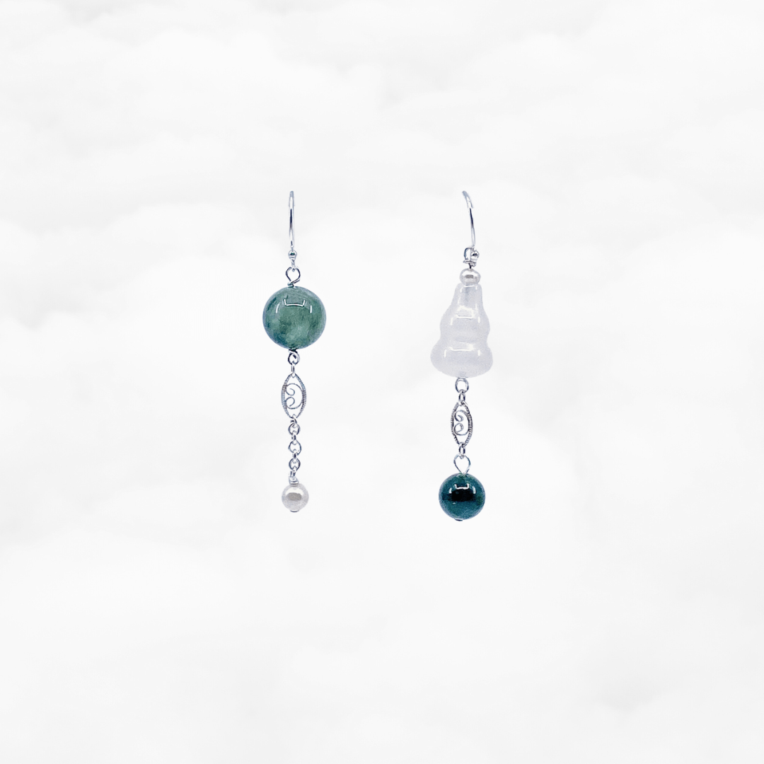 The Nine Green Phantom and Jade Asymmetry Earrings - Yun Boutique