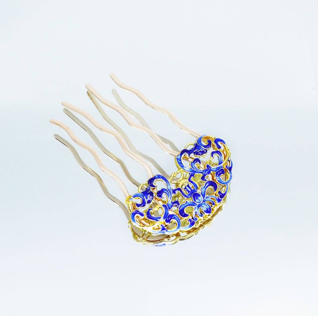 Blue Enamel Peony Hair Comb - Yun Boutique