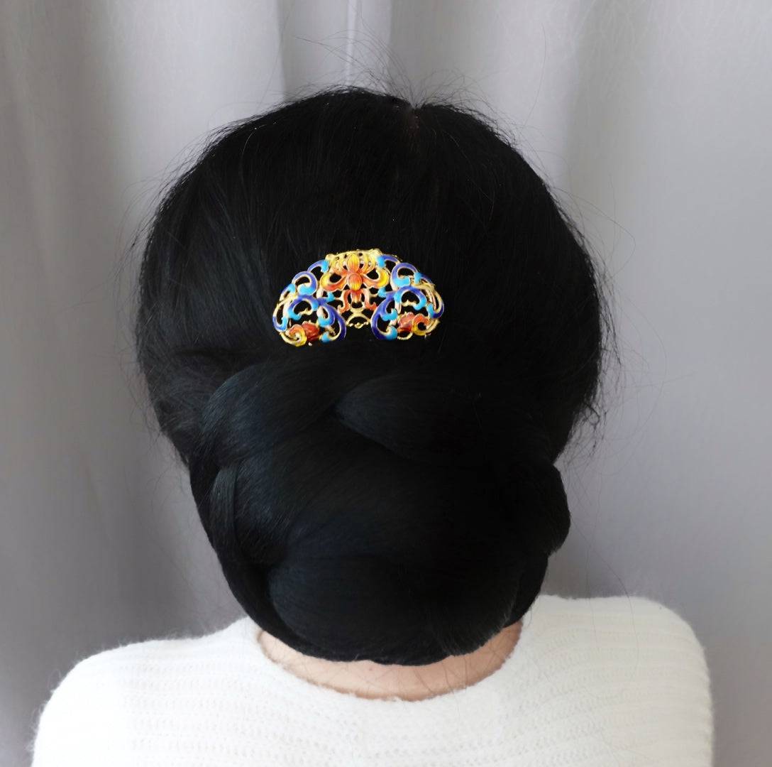 Blue Orange Enamel Peony Hair Comb - Yun Boutique