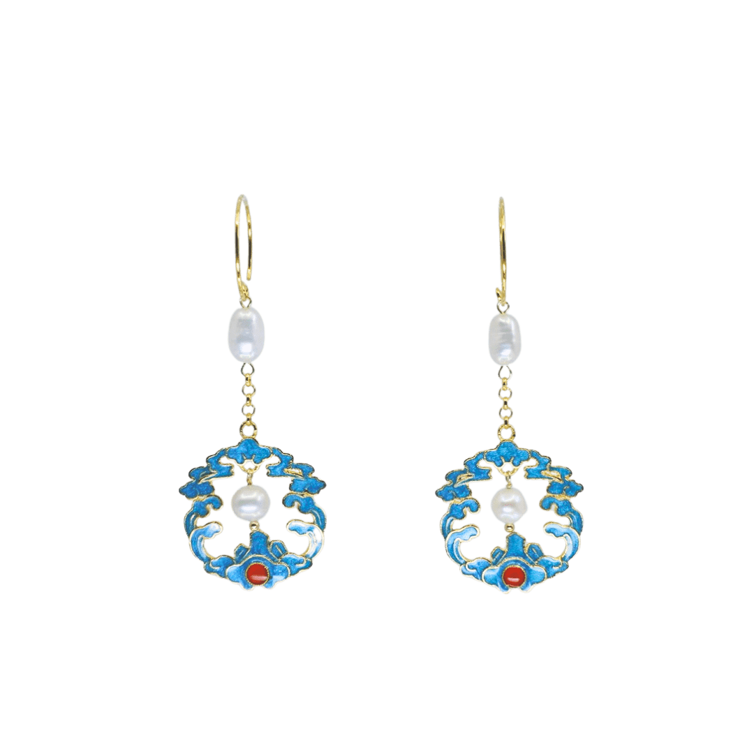 Auspicious Imitation Kingfisher Enamel Pearl Earrings - Yun Boutique