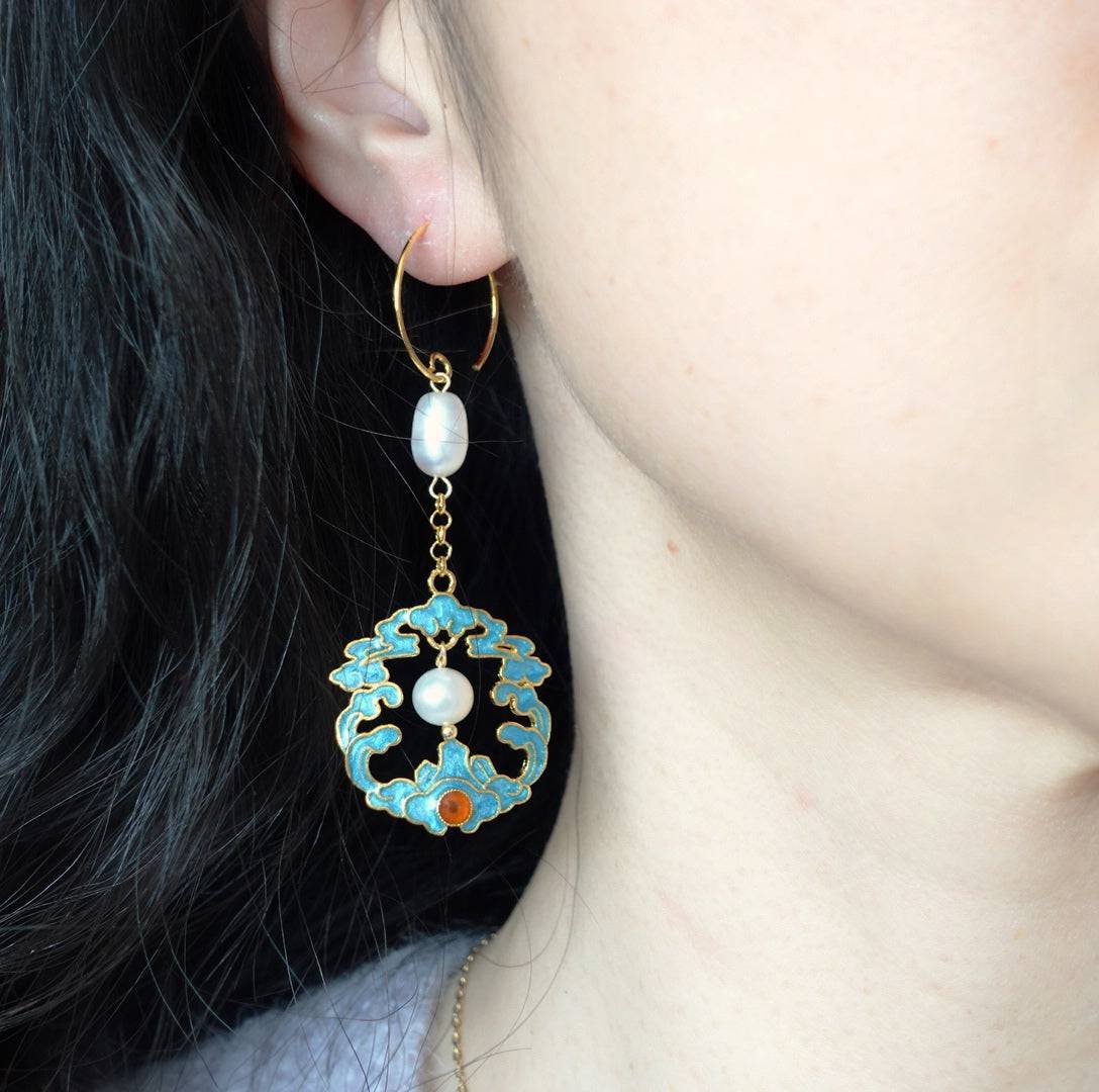 Auspicious Imitation Kingfisher Enamel Pearl Earrings - Yun Boutique