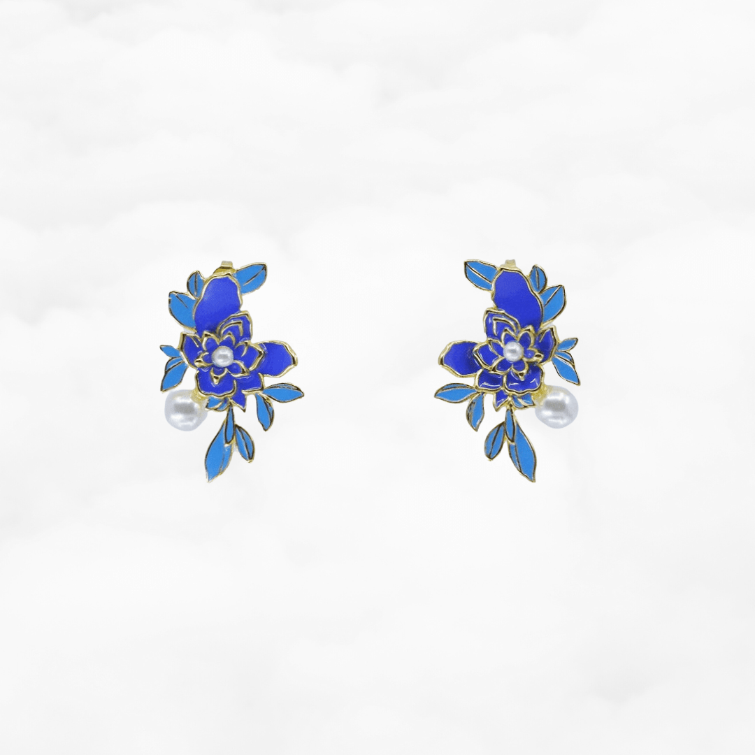Imitation Kingfisher Enamel Floral Stud Earrings - Yun Boutique