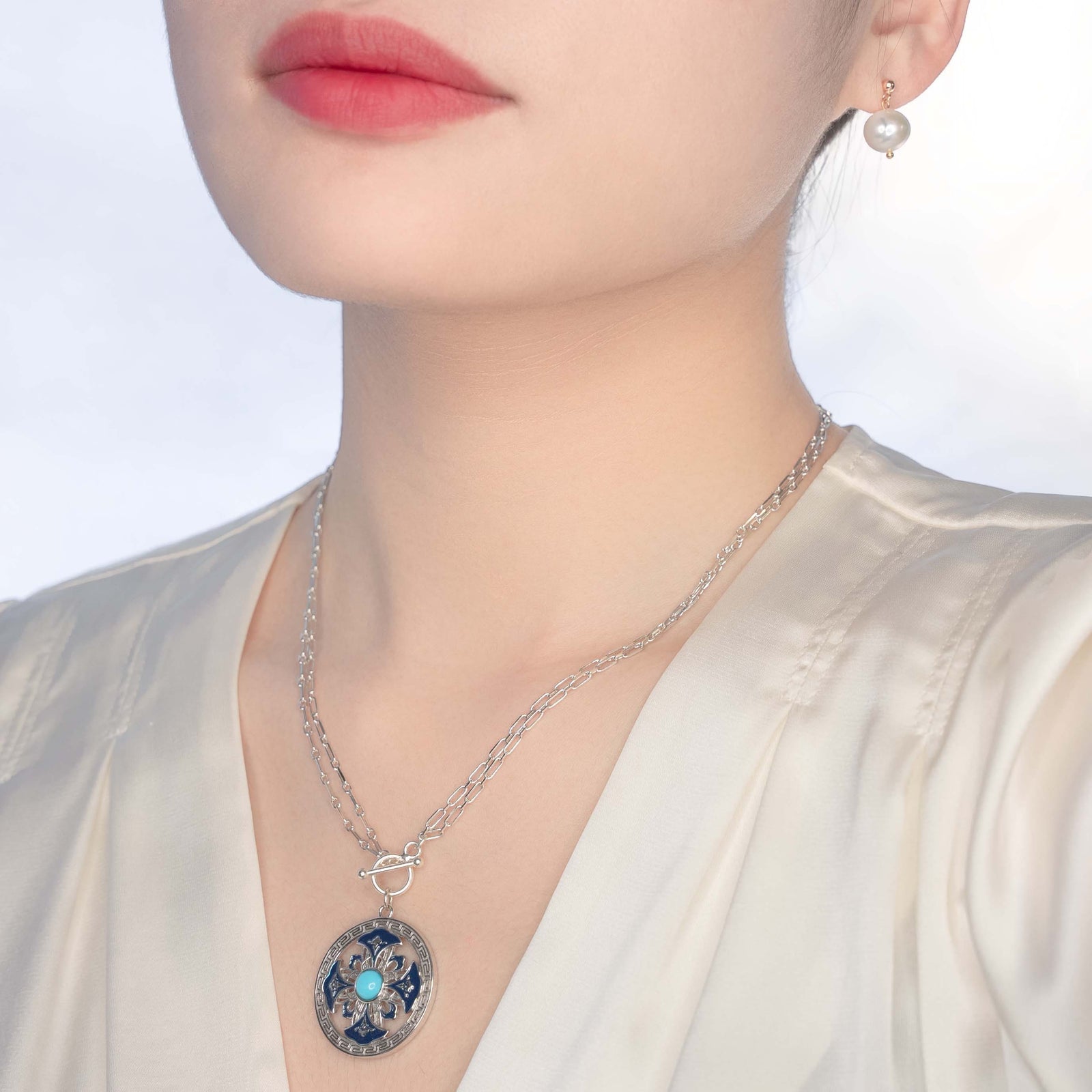 Auspicious Flower Enamel Pendant Necklace Silver - Yun Boutique