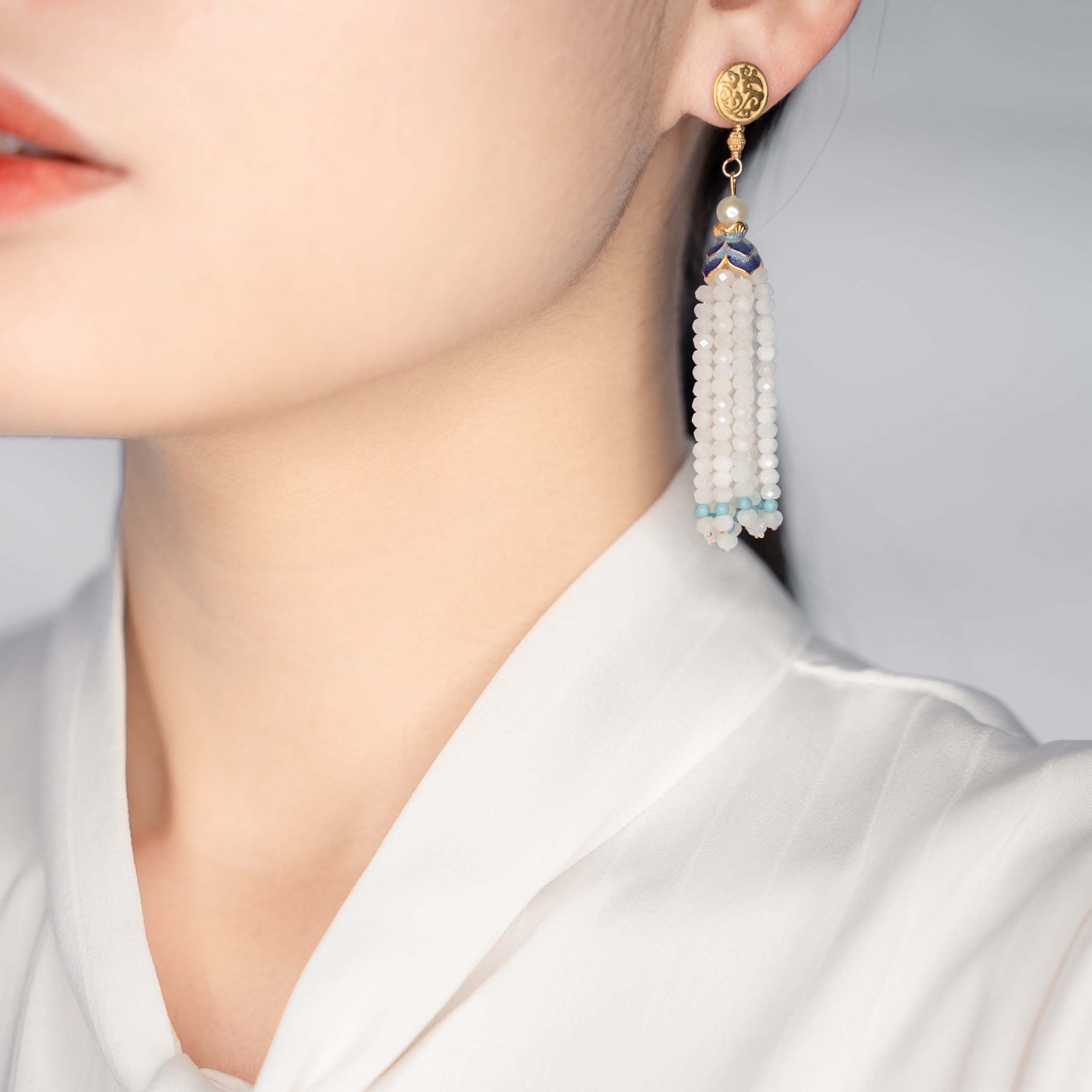 Moonstone Lotus Tassels Lariat Necklace and Earrings Set - Yun Boutique