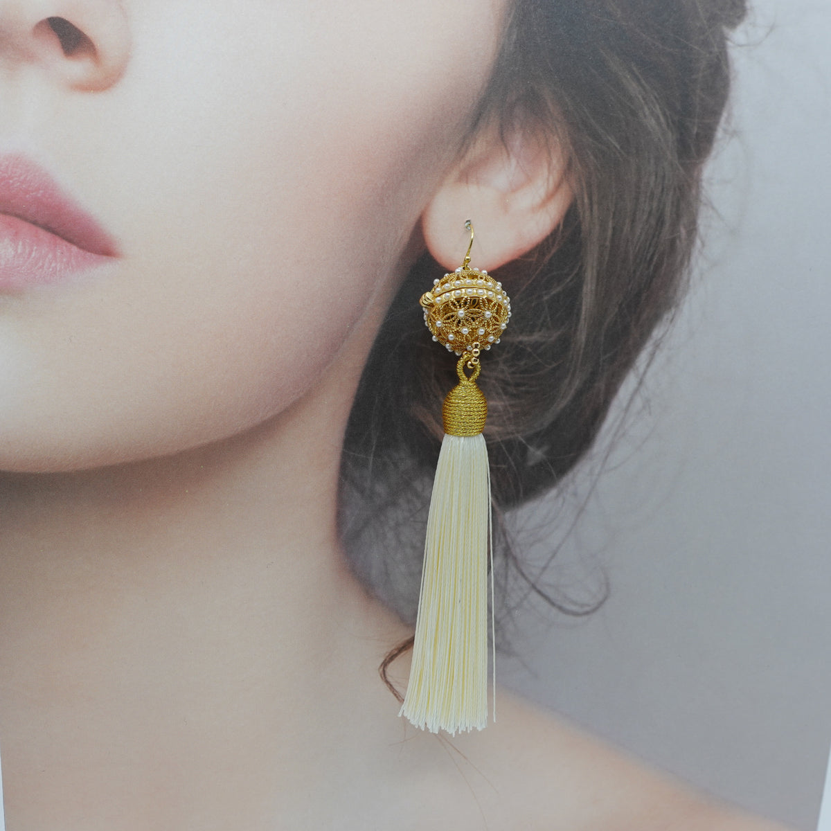 Herbal Locket Silk Tassel Earrings - Creamy White - Yun Boutique