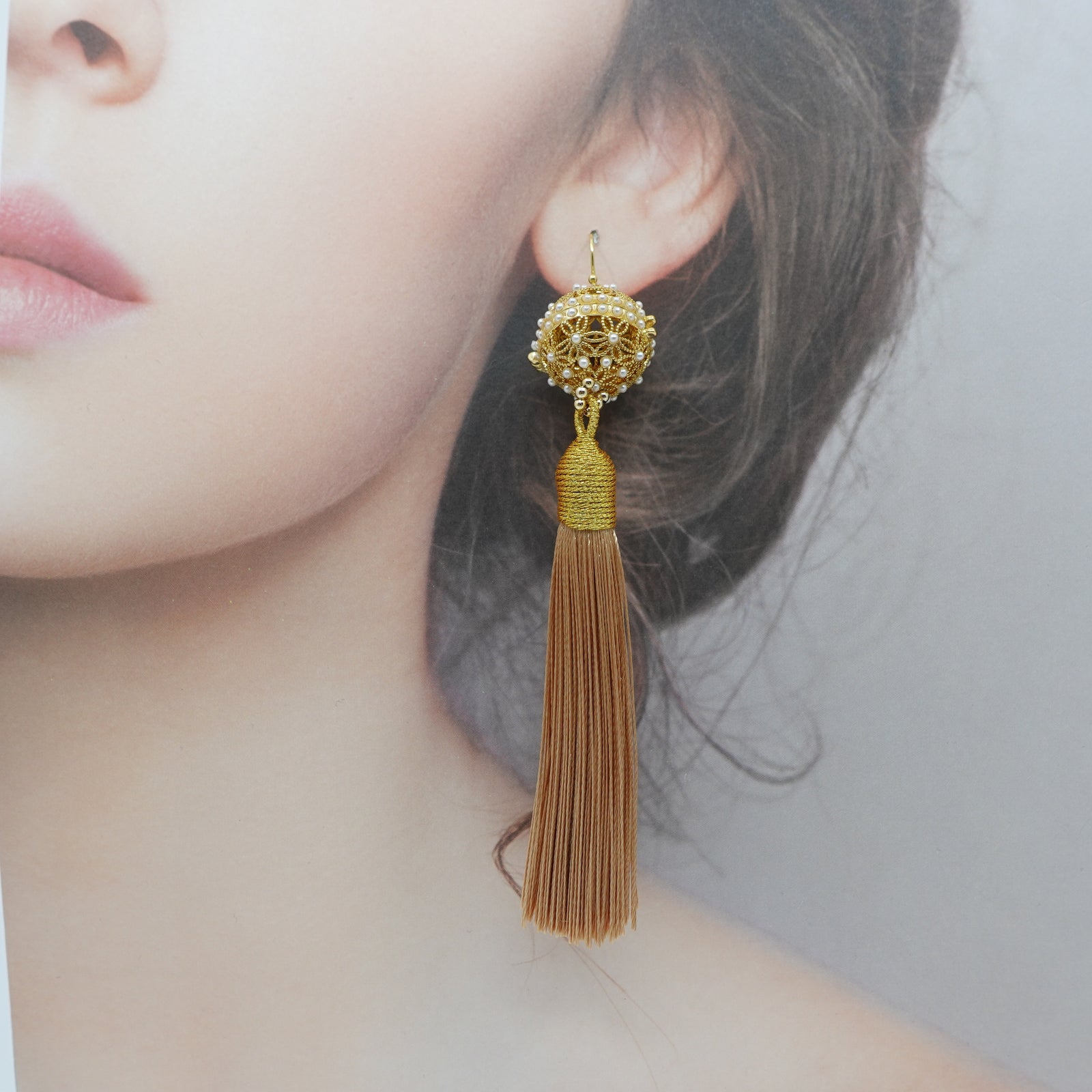 Herbal Locket Silk Tassel Earrings - Light Chocolate - Yun Boutique