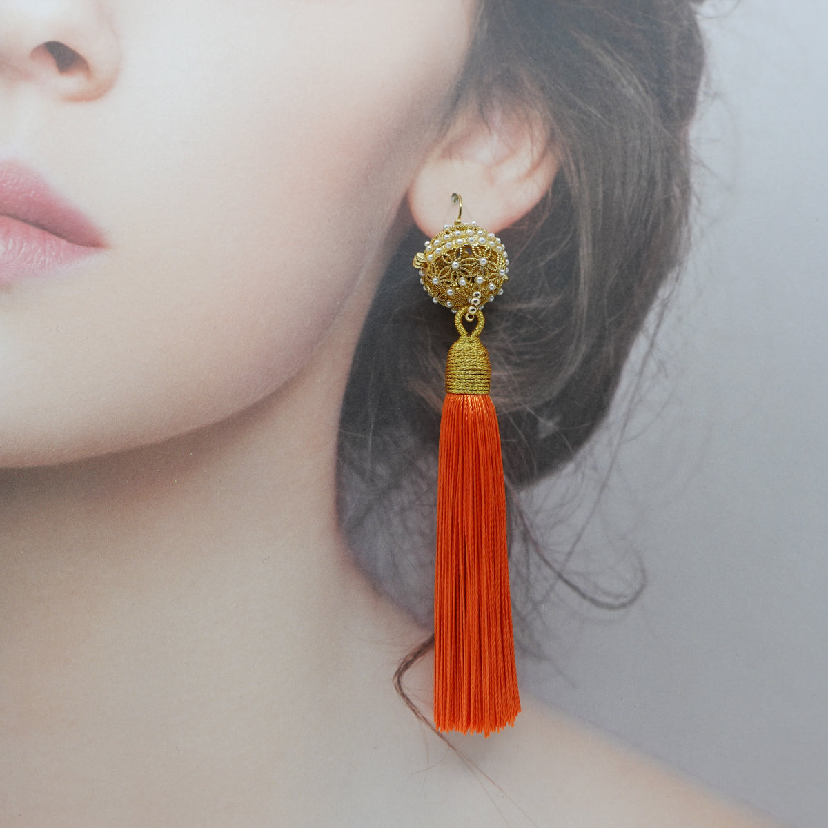 Herbal Locket Silk Tassel Earrings - Orange - Yun Boutique