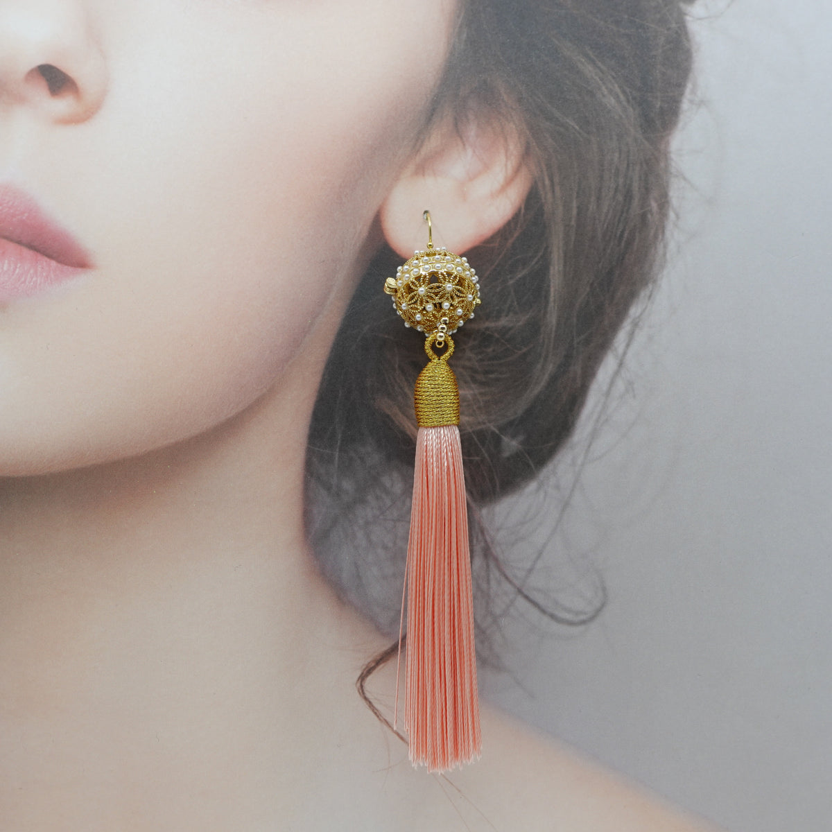 Herbal Locket Silk Tassel Earrings - Coral Pink - Yun Boutique