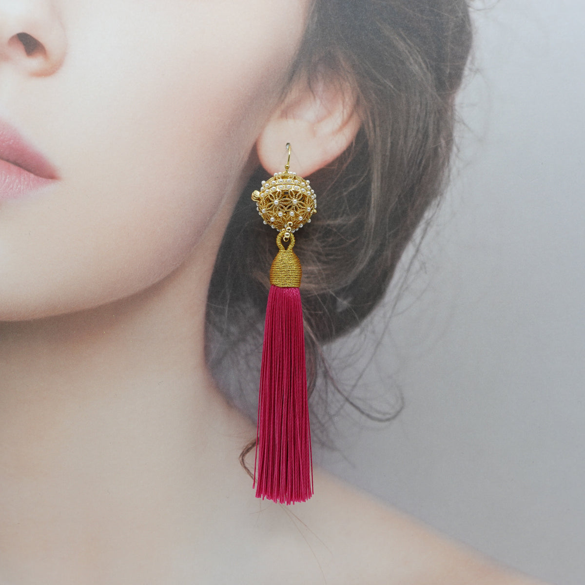 Herbal Locket Silk Tassel Earrings - Deep Pink - Yun Boutique