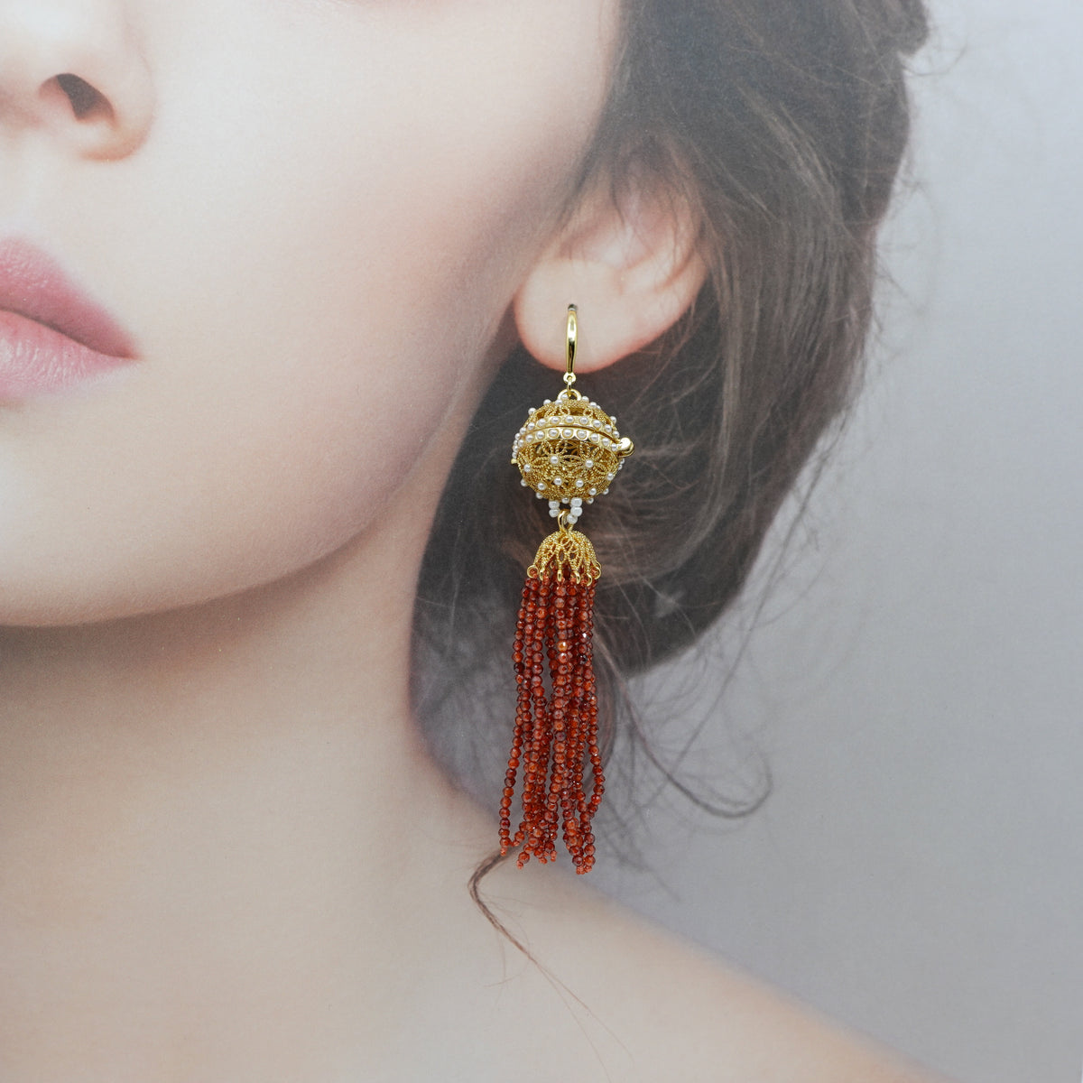 Herbal Locket Crystal Tassel Earrings - Carnelian Zirconia - Yun Boutique