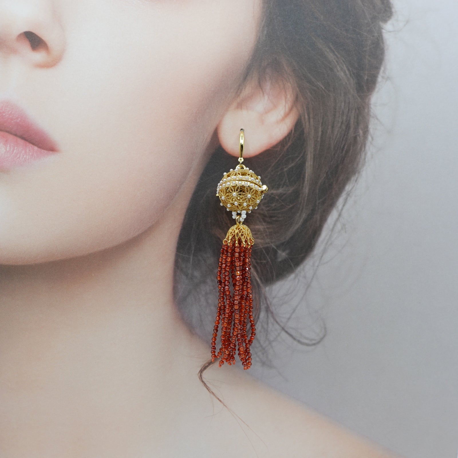 Herbal Locket Crystal Tassel Earrings - Carnelian Zirconia - Yun Boutique