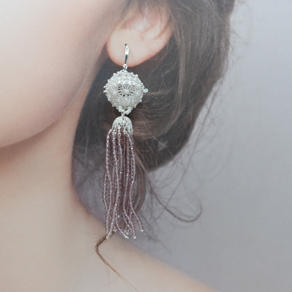 Herbal Locket Crystal Tassel Earrings - Mauve Zirconia - Yun Boutique