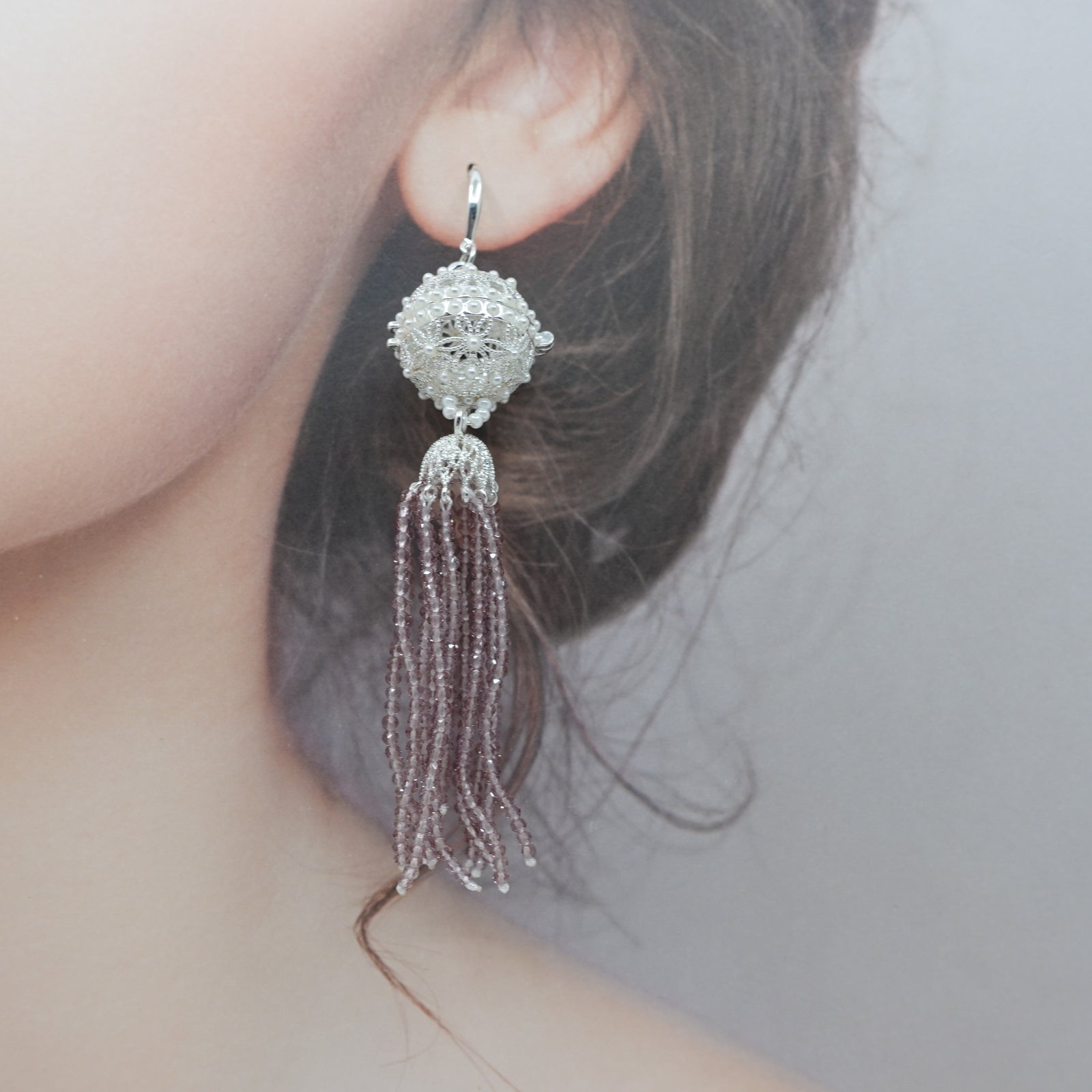 Herbal Locket Crystal Tassel Earrings - Mauve Zirconia - Yun Boutique