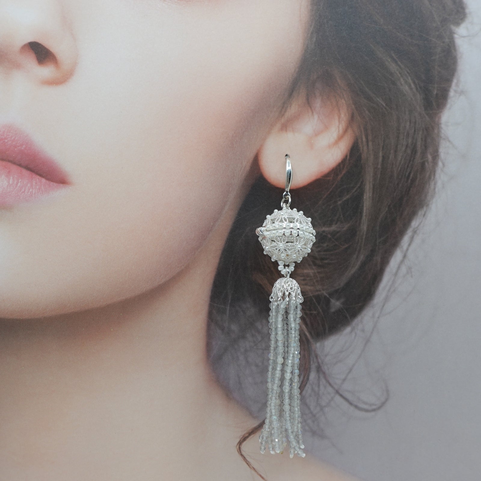 Herbal Locket Crystal Tassel Earrings - Grey Moonstone - Yun Boutique