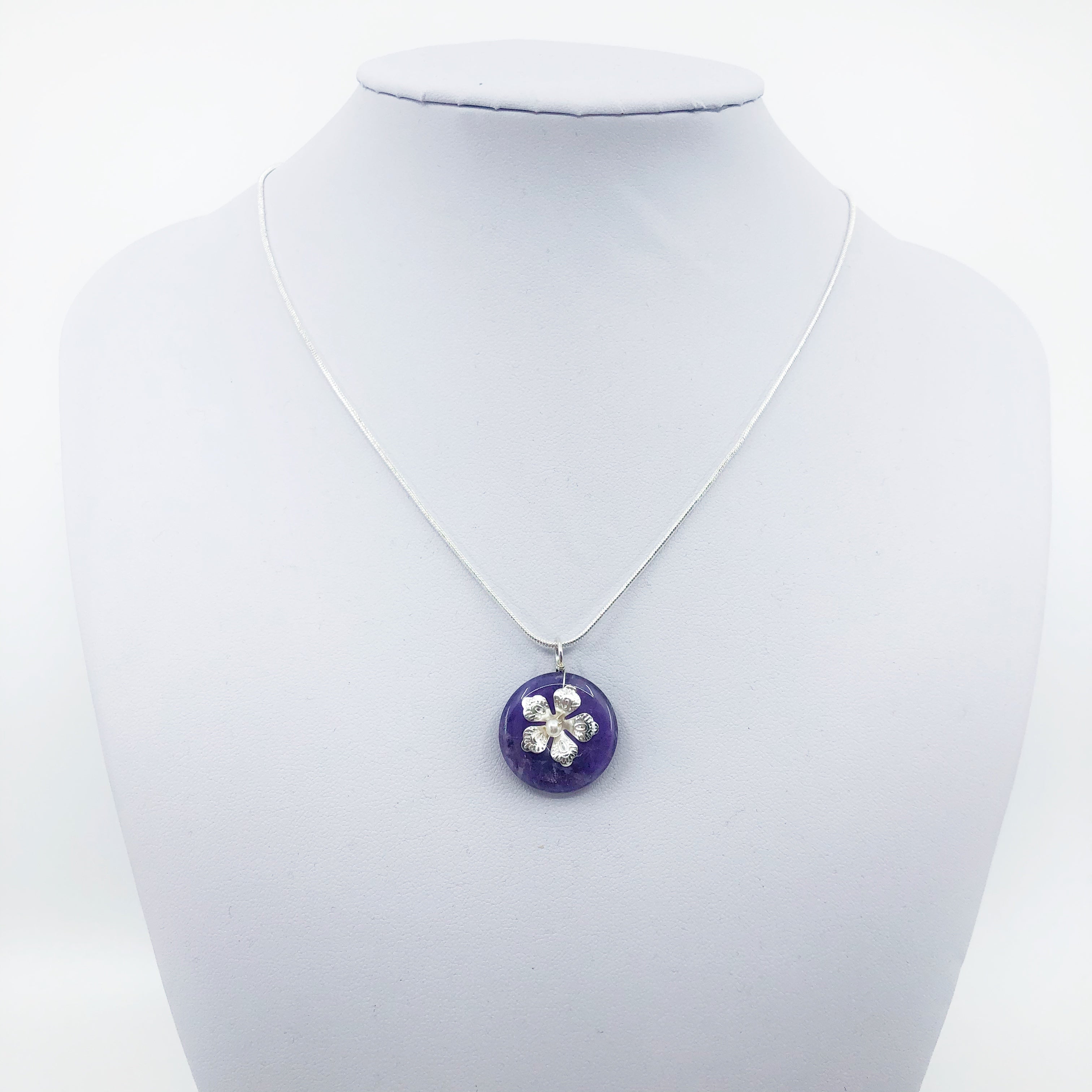 Long Silver Tone Plum Blossom Necklace With Silicone Neck Cord 