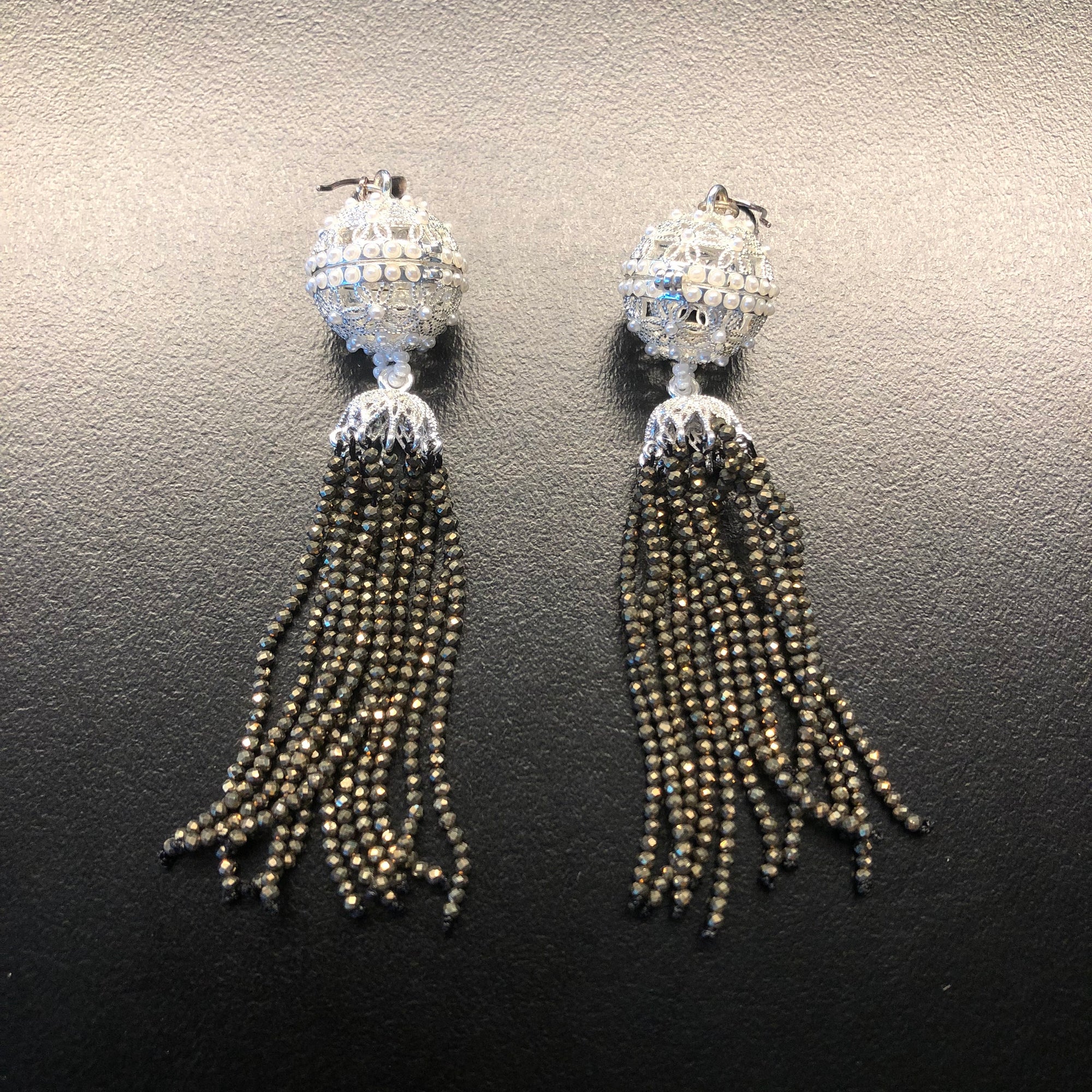 Herbal Locket Crystal Tassel Earrings - Pyrite Stone - Yun Boutique