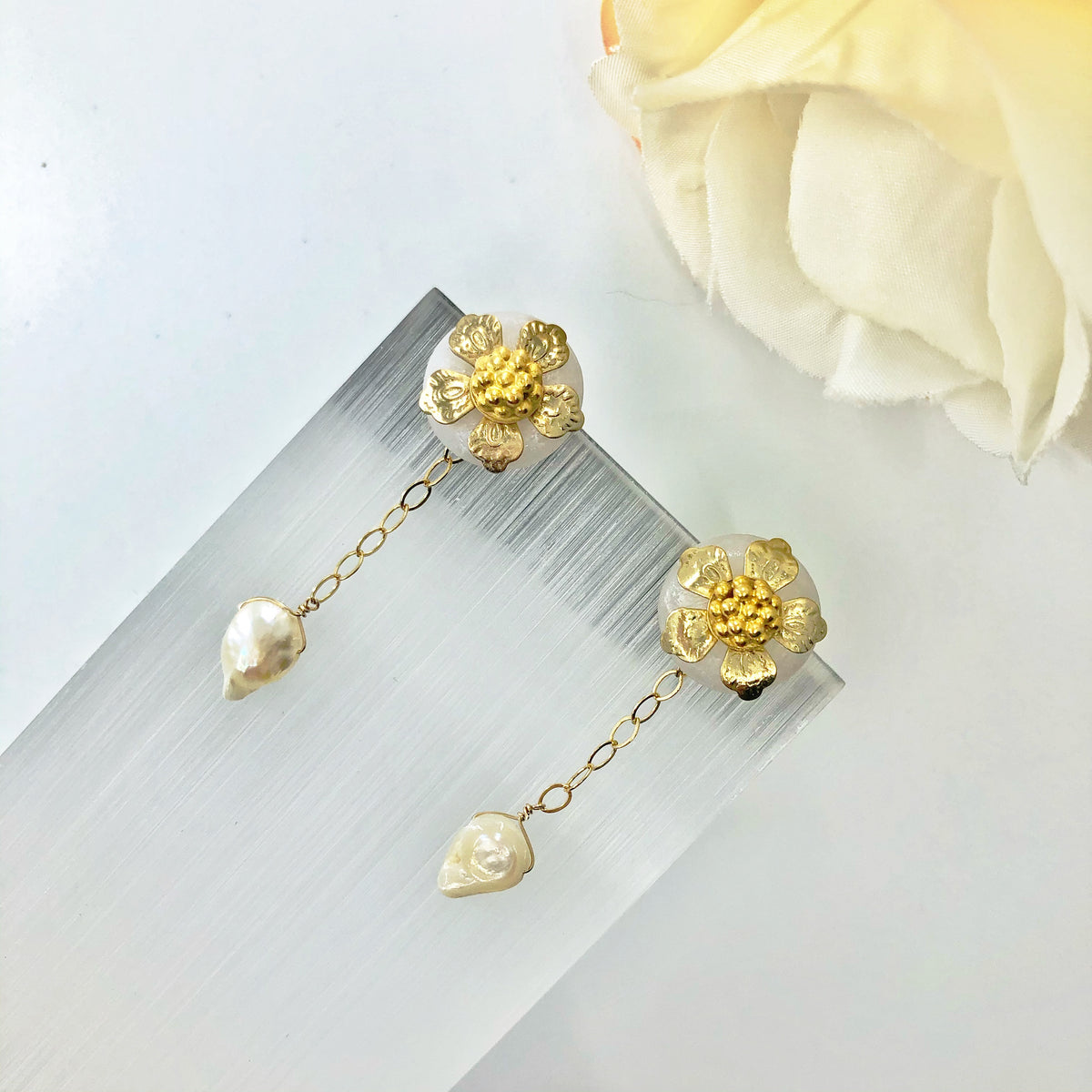 Chinese Vintage Style White Jade Studs