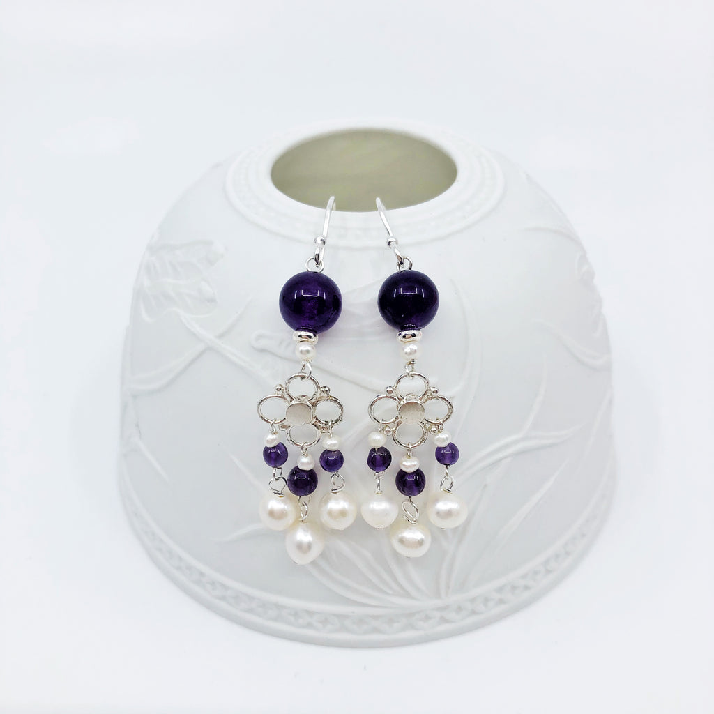 Antique Pearl and Amethyst Yellow Gold Drop Earrings — Gembank1973