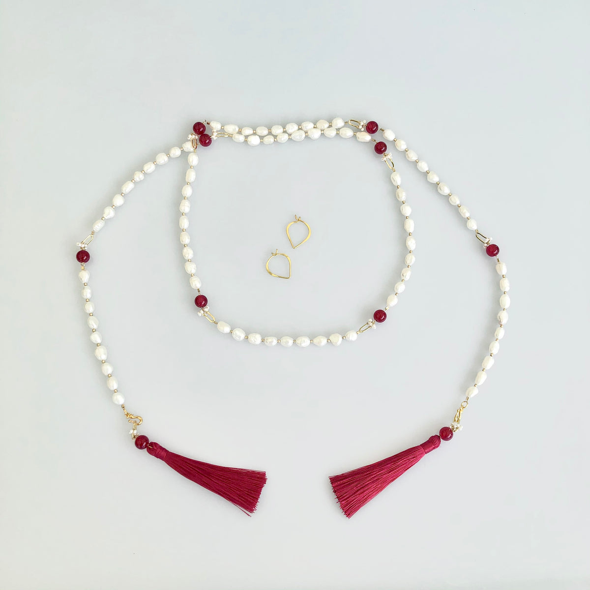 Multi-style Baroque Pearl Lariat Necklace Red Tassel Set - Yun Boutique