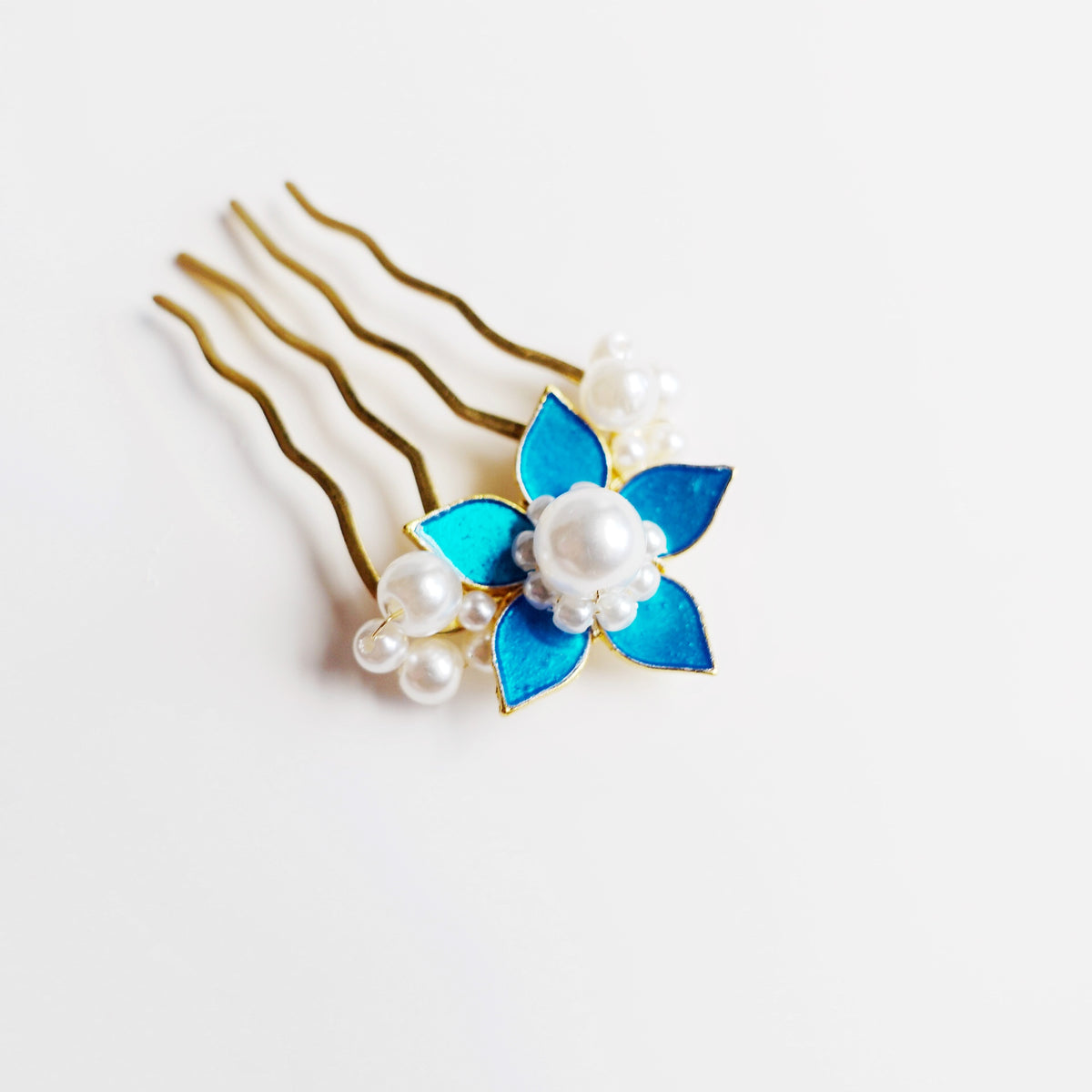 Royal Blue Enamel Flower and Pearl Hair Comb - Yun Boutique
