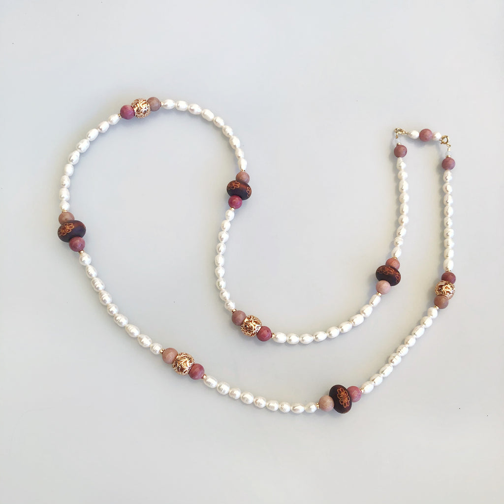 Yun Boutique Multi-style Baroque Pearl Lariat Necklace Set with Red Tassels Red Silk Tassels Gold