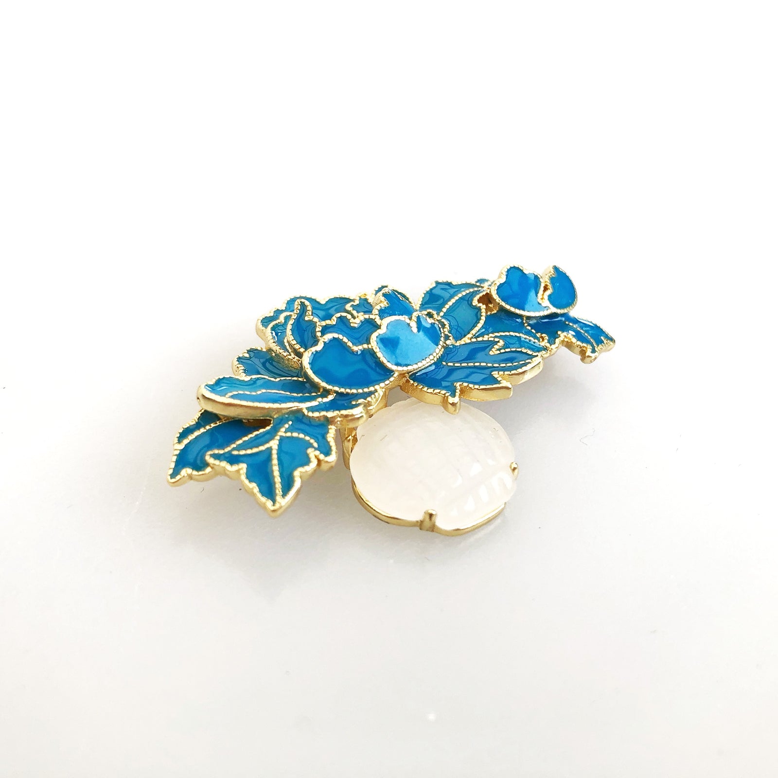 Enamel Tree Peony Brooch with White Jade