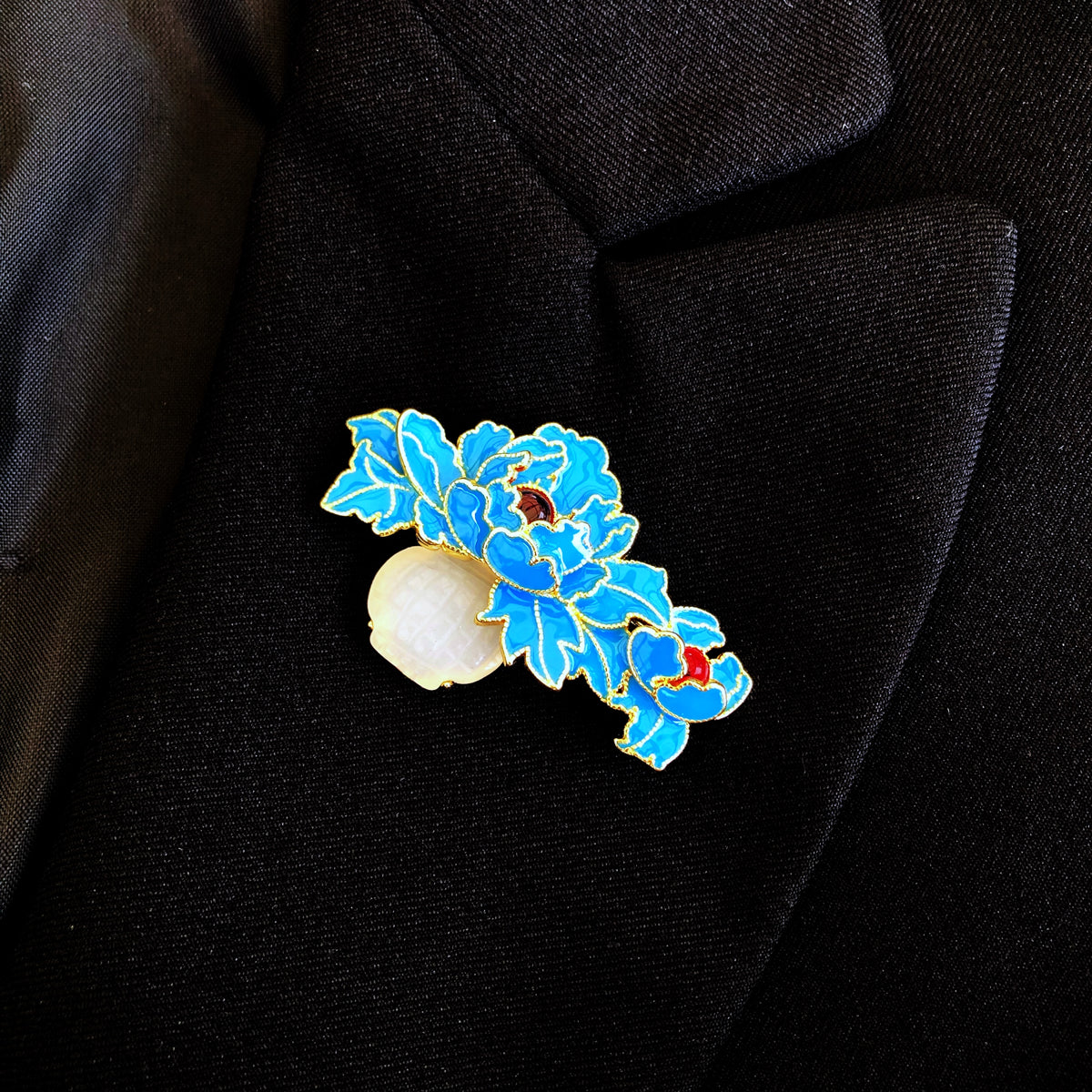 Enamel Tree Peony Brooch with White Jade