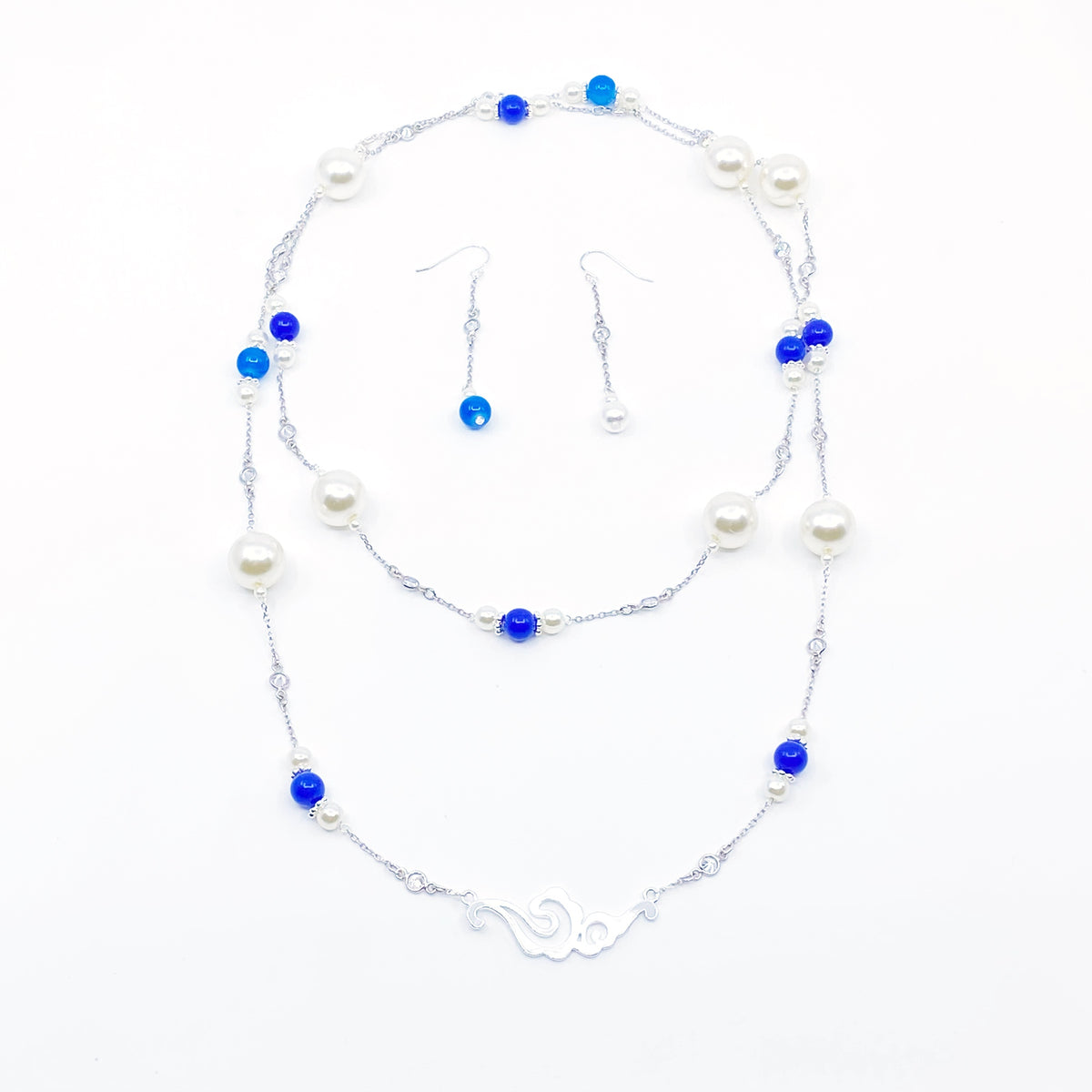 Yun Boutique The Nine Blue Stone and Pearl Long Necklace and Earrings Set