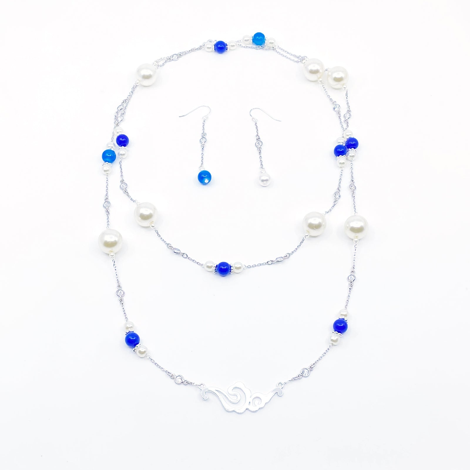 Yun Boutique The Nine Blue Stone and Pearl Long Necklace and Earrings Set