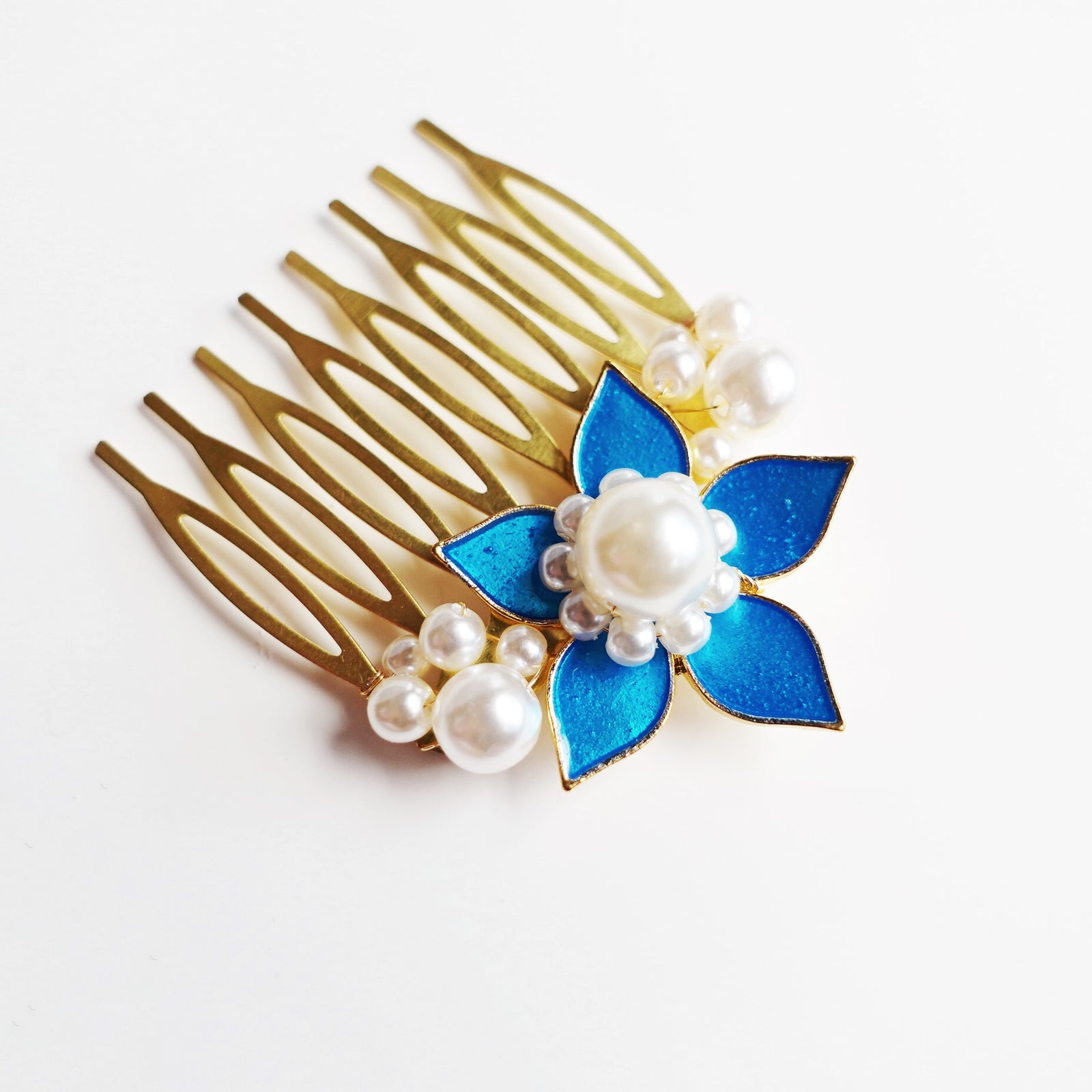 Royal Blue Enamel Flower and Pearl Hair Comb - Yun Boutique