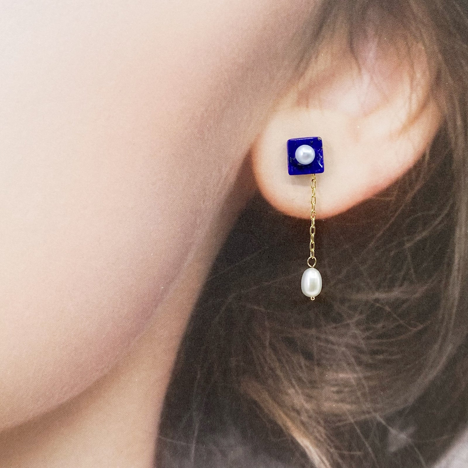 The Nine Lapis and Pearl Stud Earrings - Yun Boutique