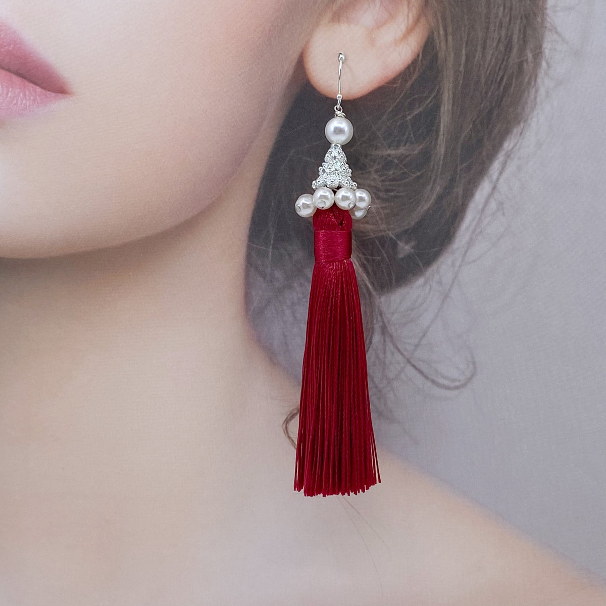 Yun Boutique Silk Red Tassel Earrings Silver, New Year Gift, Christmas Gift