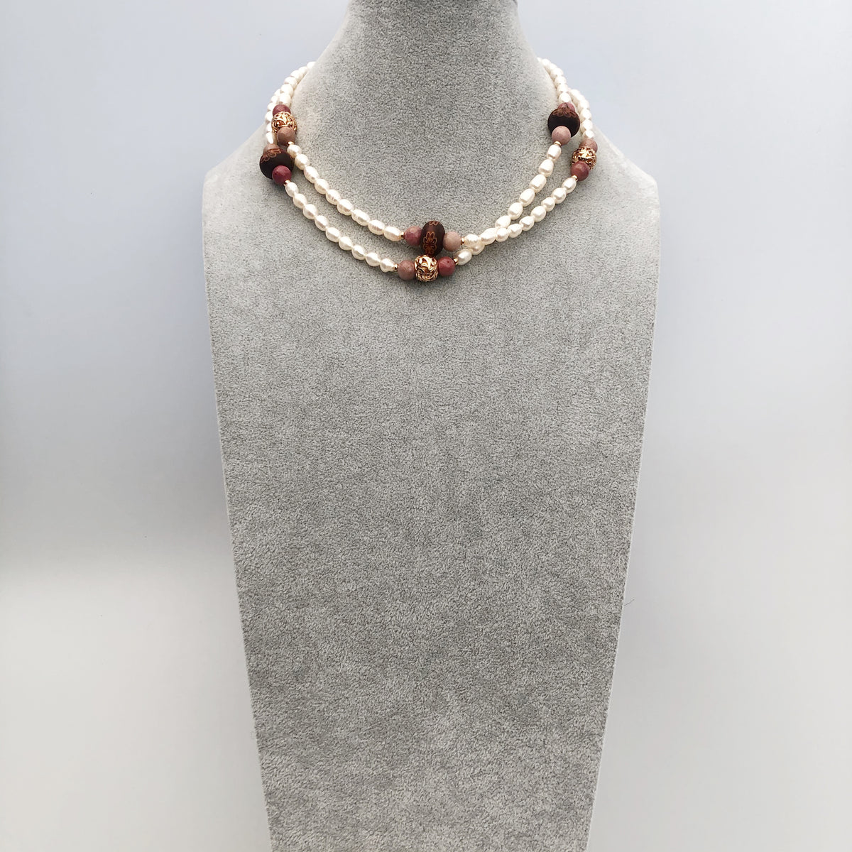 Return to Origin Beaded Wood and Pearl Necklace