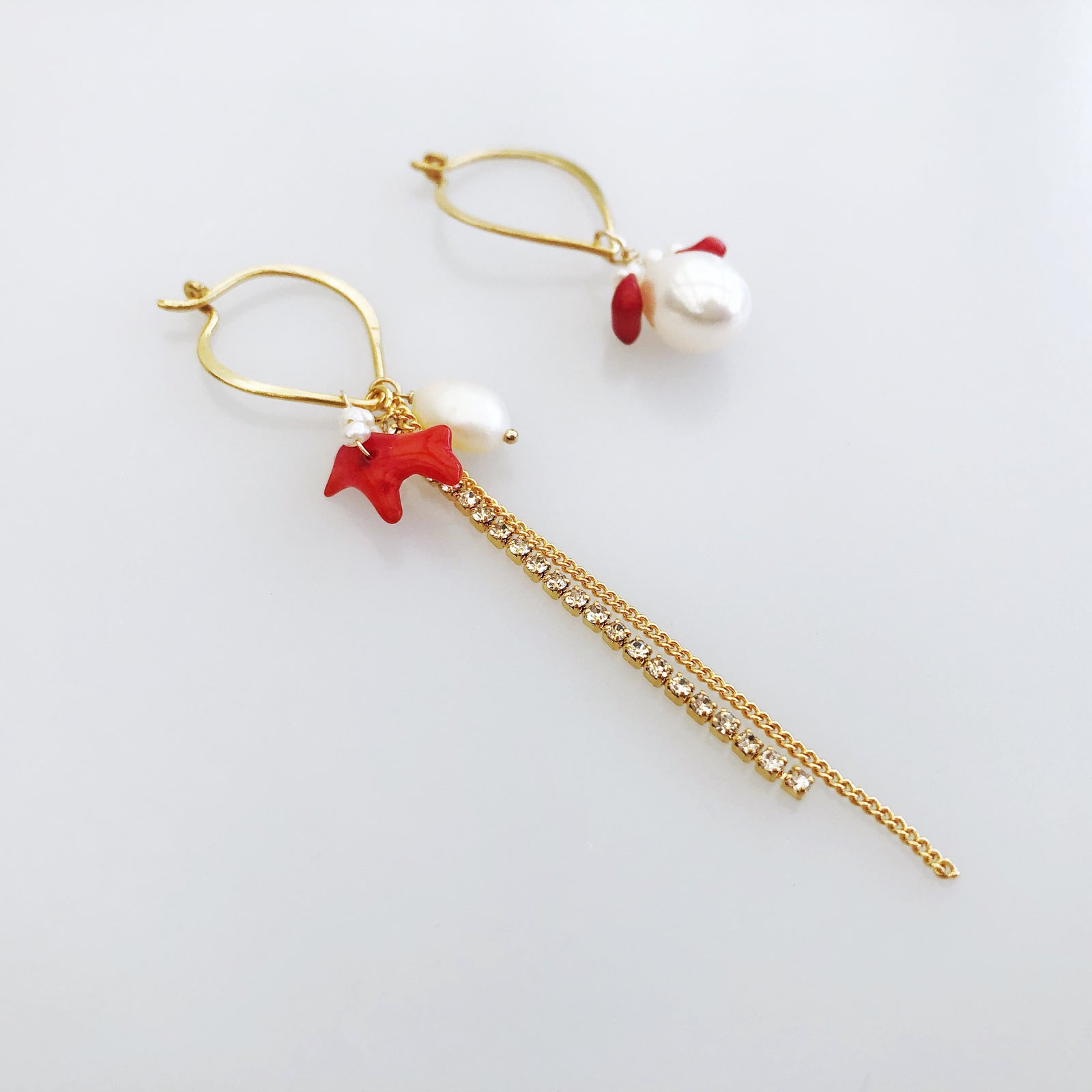 Asymmetrical Red Coral and Pearl Earrings - Yun Boutique