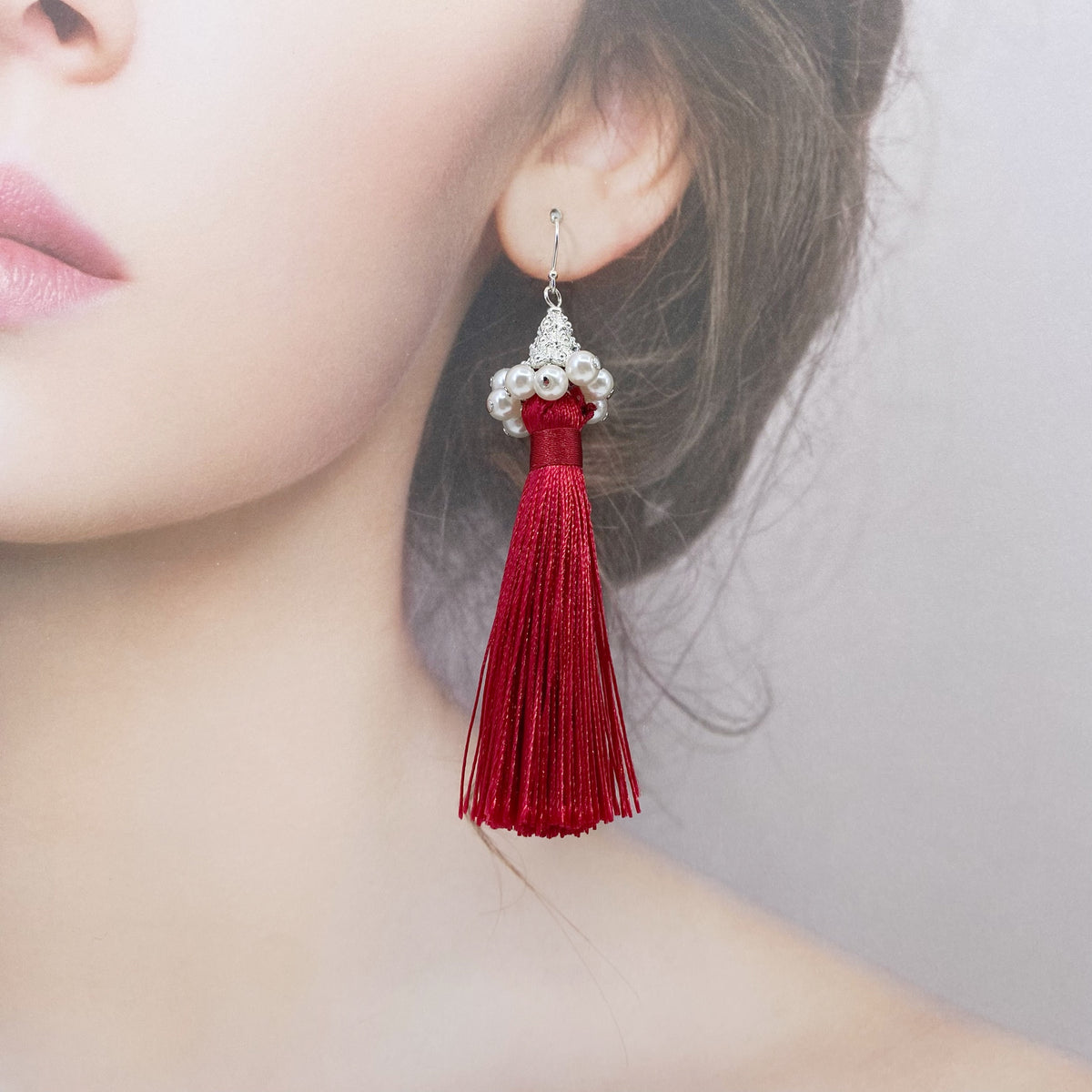 Yun Boutique Red Silk Tassel Earrings Silver Medium, New Year Gift, Christmas Gift