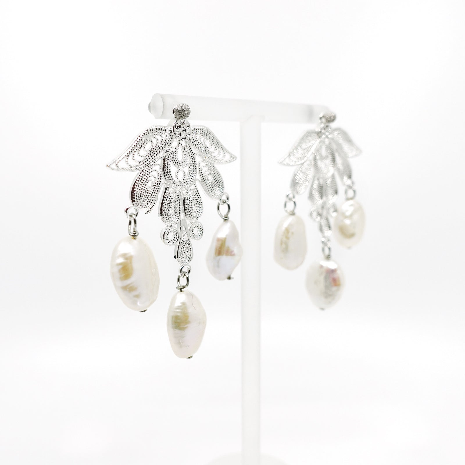 Silver Phoenix Filigree Pearl Earrings - Yun Boutique