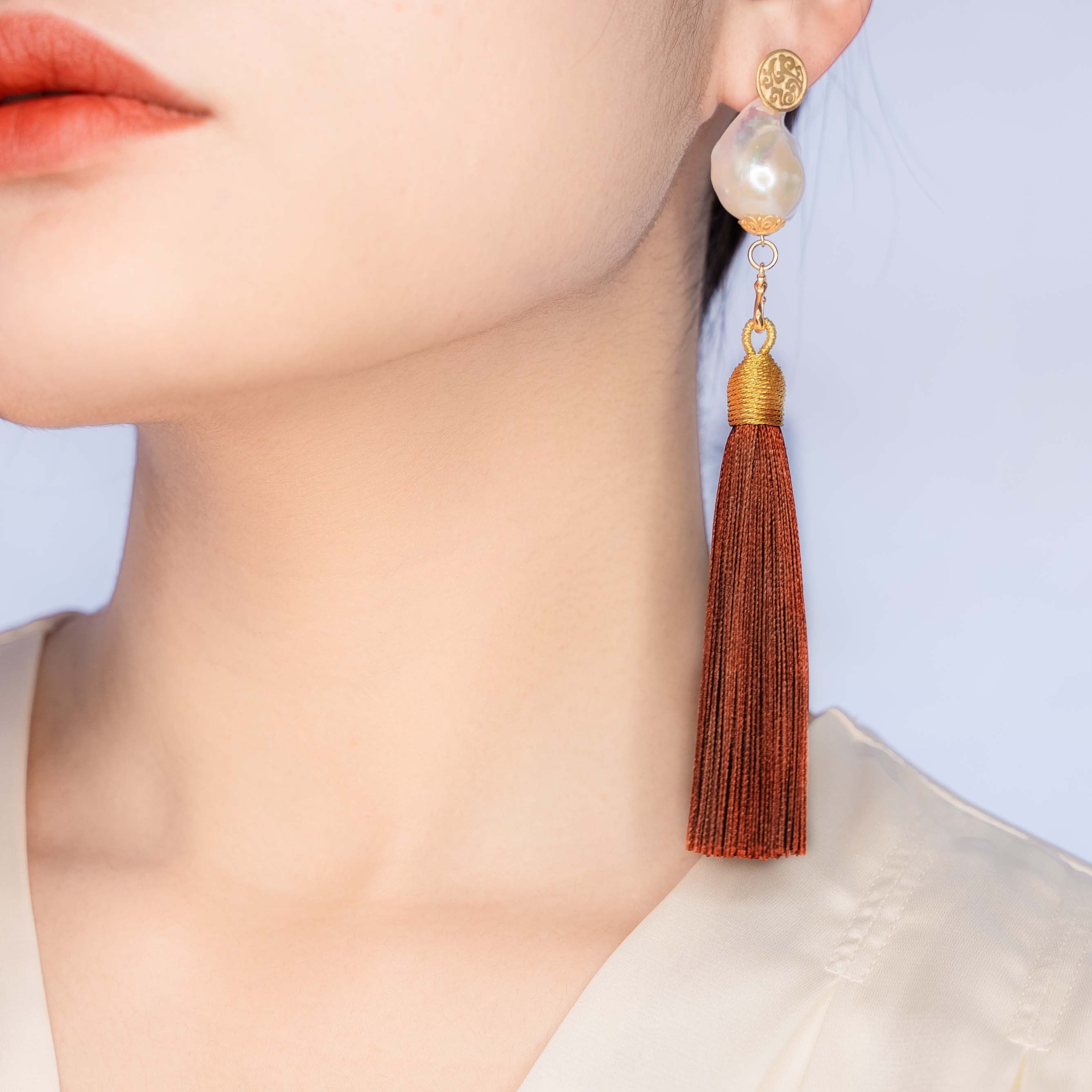 Large Baroque Pearl Red Brown Silk Tassel Earrings Yun Boutique