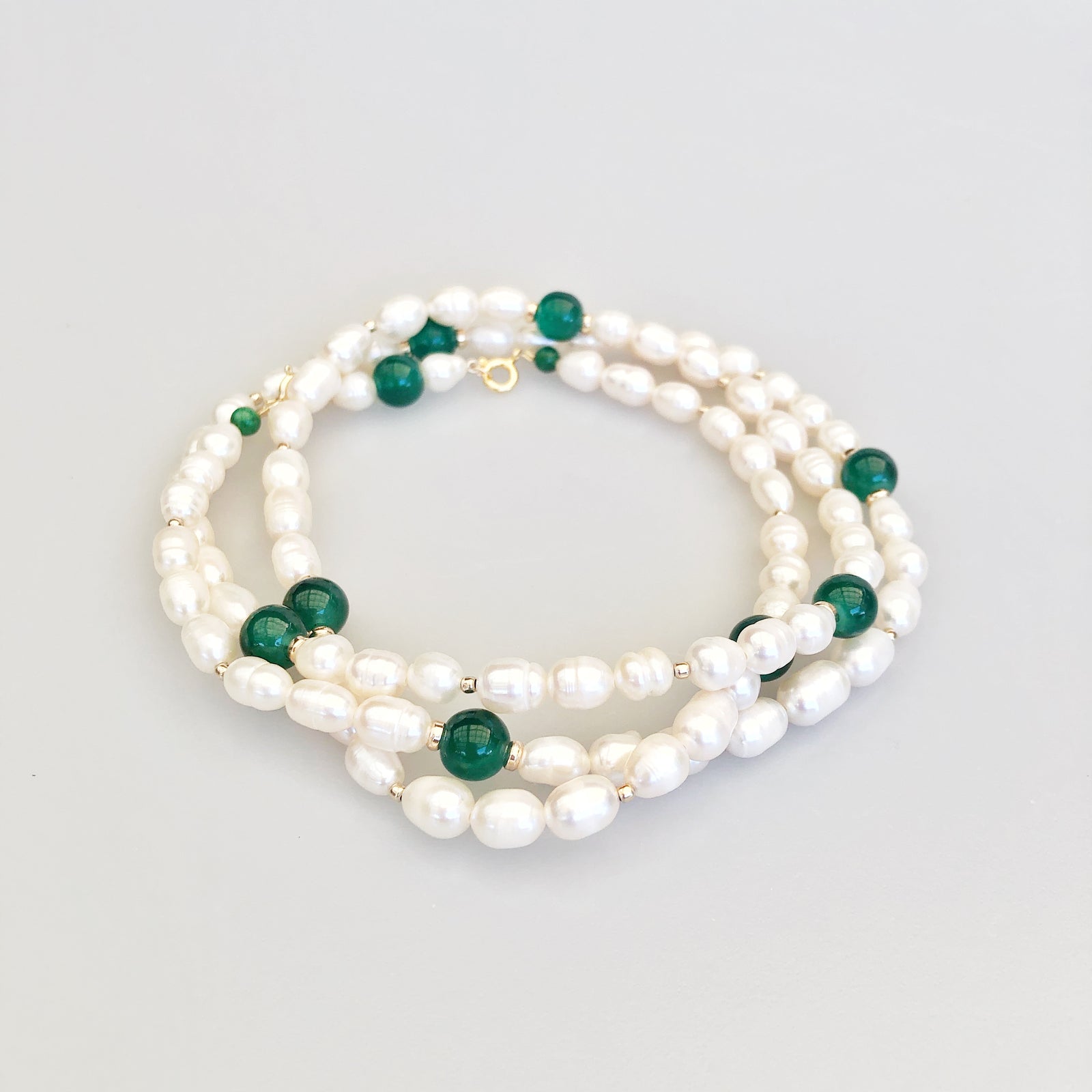 Yun Boutique Beaded Pearl Lariat Necklace Set with Green Tassels