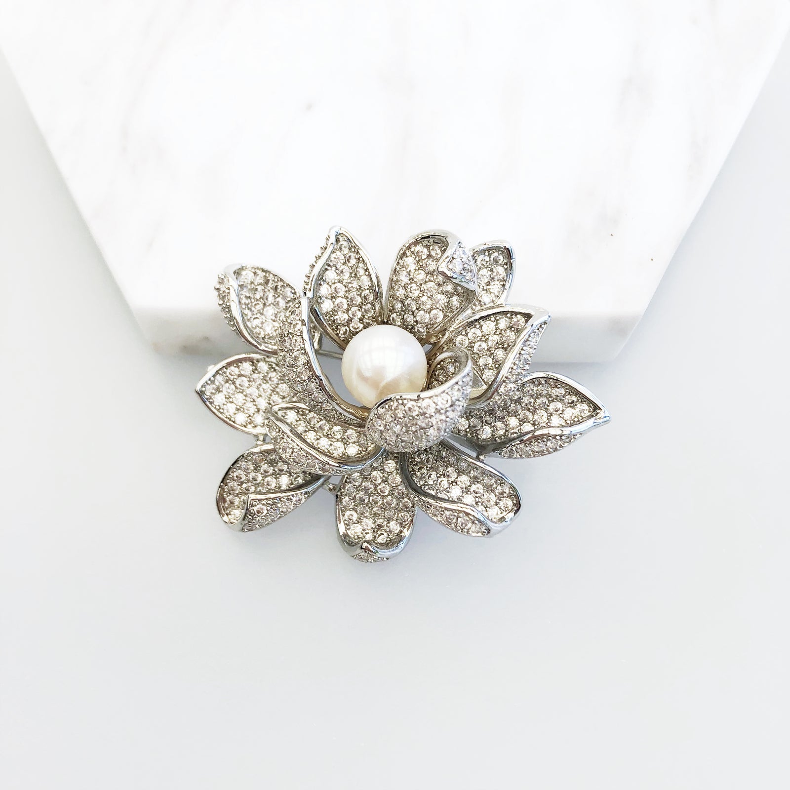 Silver Plated Lotus Zircon Brooch Pendant
