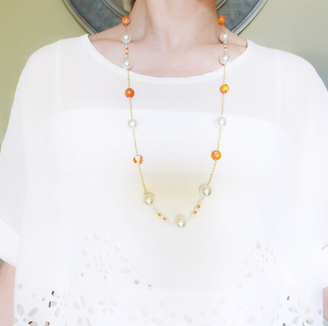 Orange Gemstone and Pearl Necklace and Earrings Set - Yun Boutique