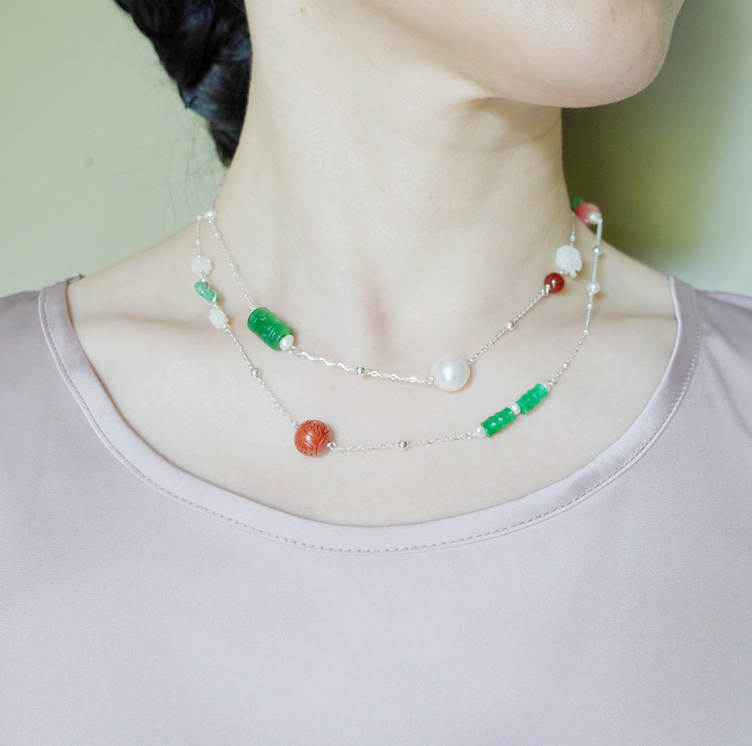 The Nine Jade and Flower Necklace and Earring Set - Yun Boutique