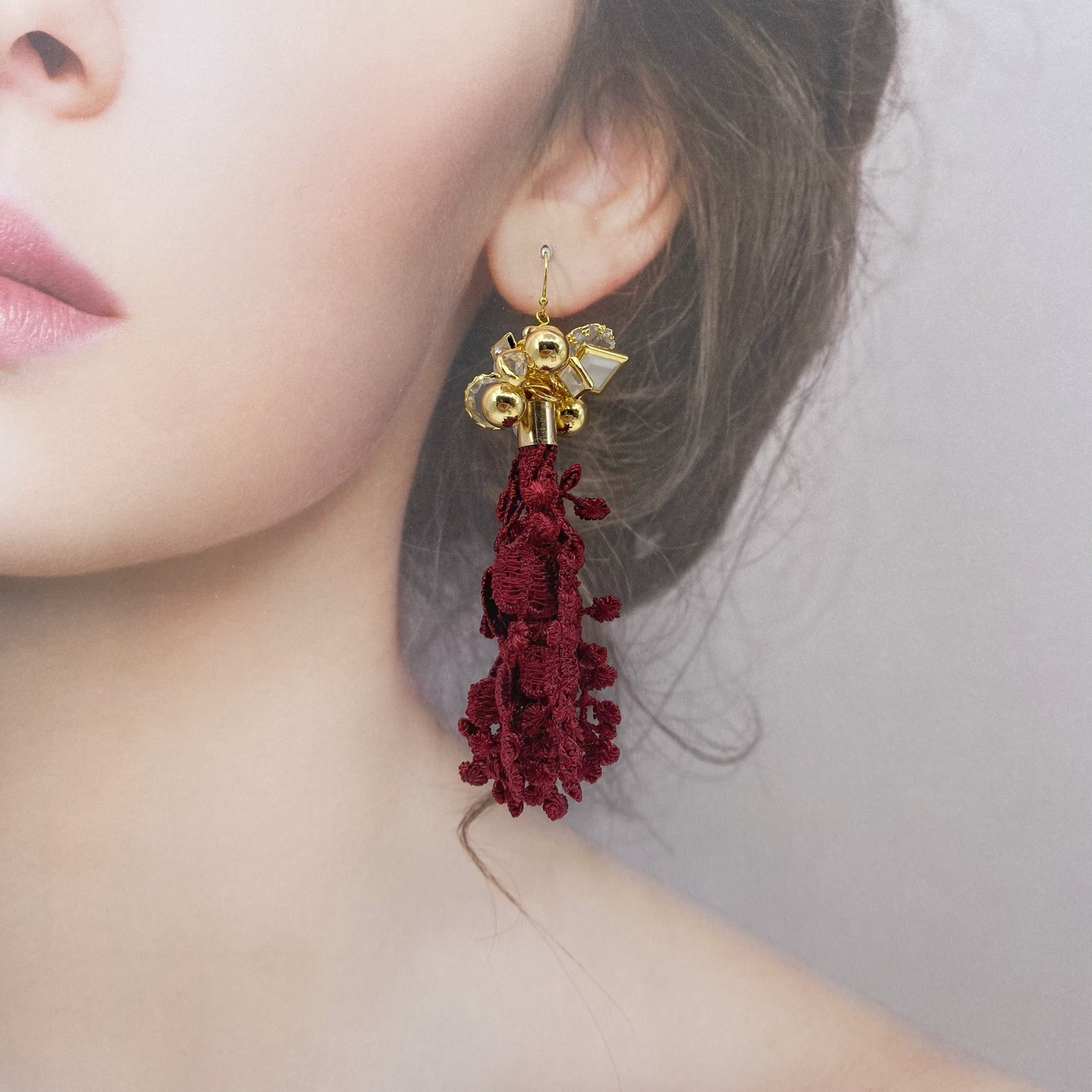 Yun Boutique Asymmetrical Red Lace Tassel Earrings