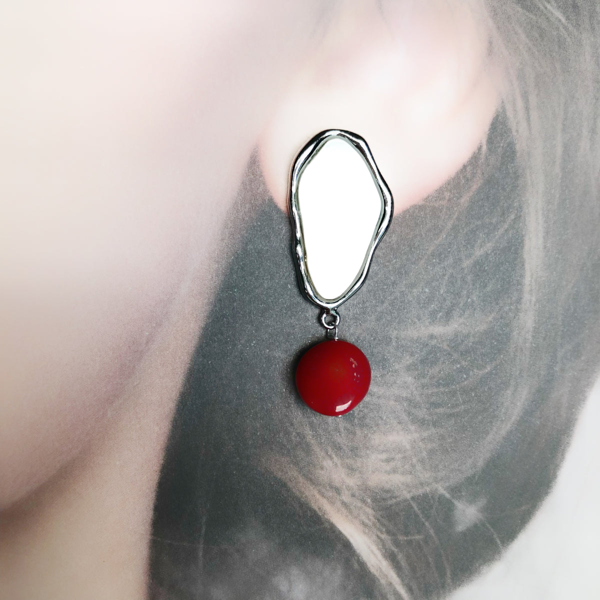 Mother Pearl and Red Coral Cluster Earrings Silver