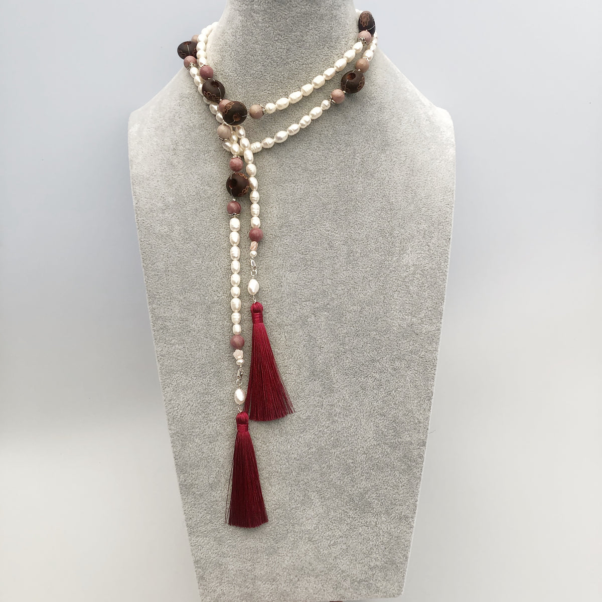 Multi-style Baroque Pearl Lariat Necklace Set with Red Tassels