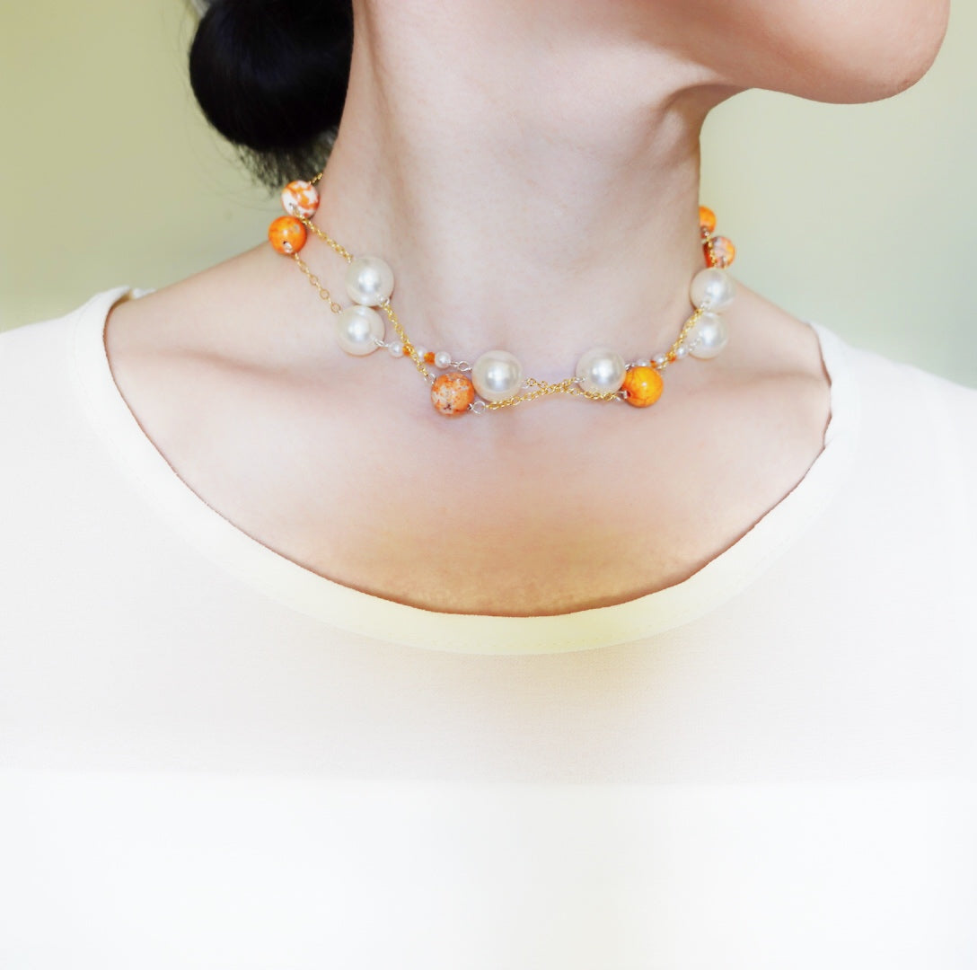 Orange Gemstone and Pearl Necklace and Earrings Set - Yun Boutique