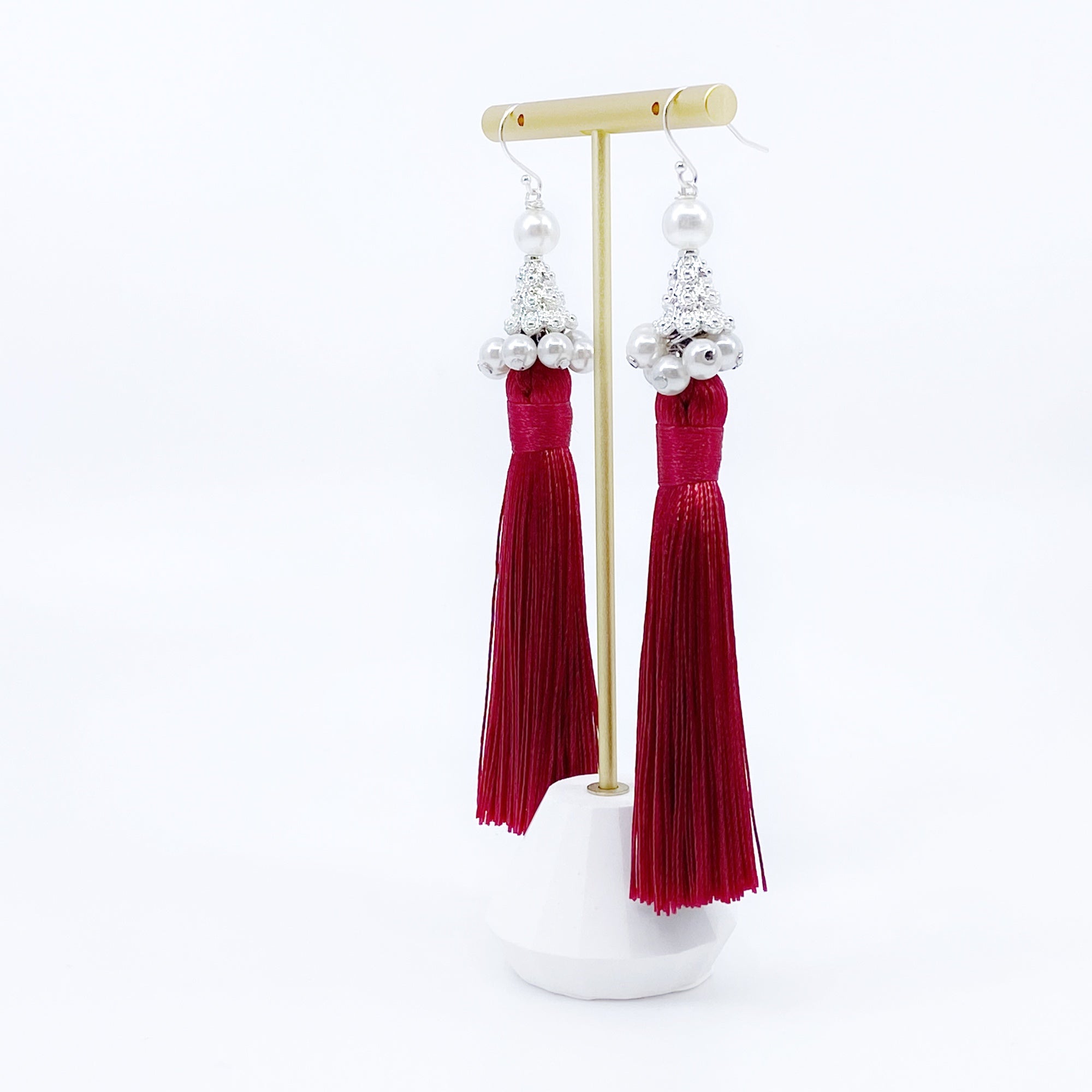 Silver Red Silk Tassel Earrings Long, Asian Boutique Jewelry from New York