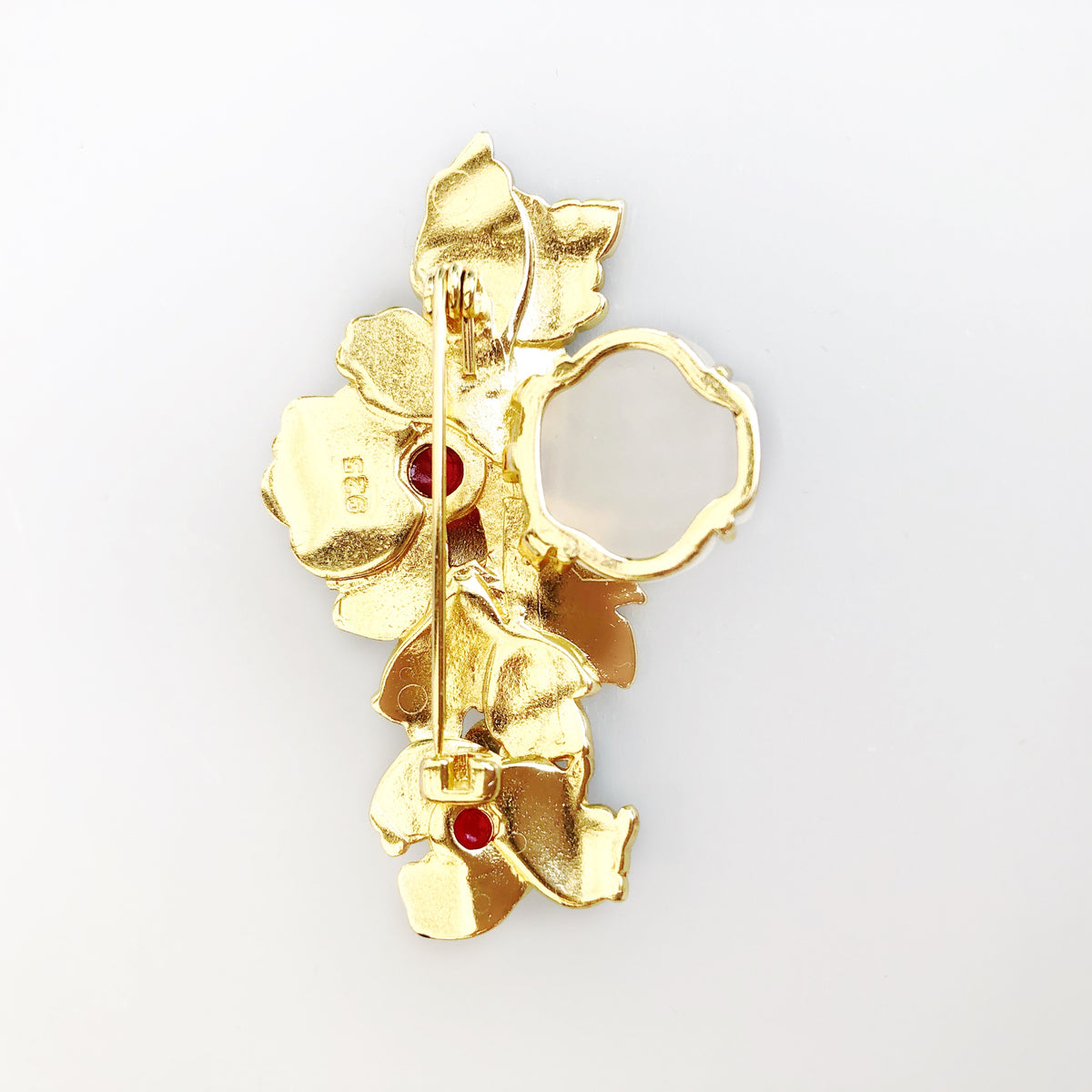 Enamel Tree Peony Brooch with White Jade