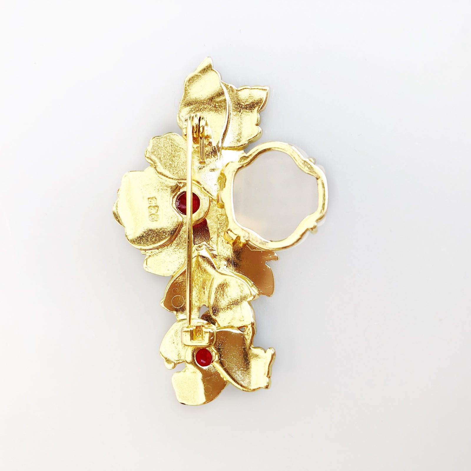 Enamel Tree Peony Brooch with White Jade