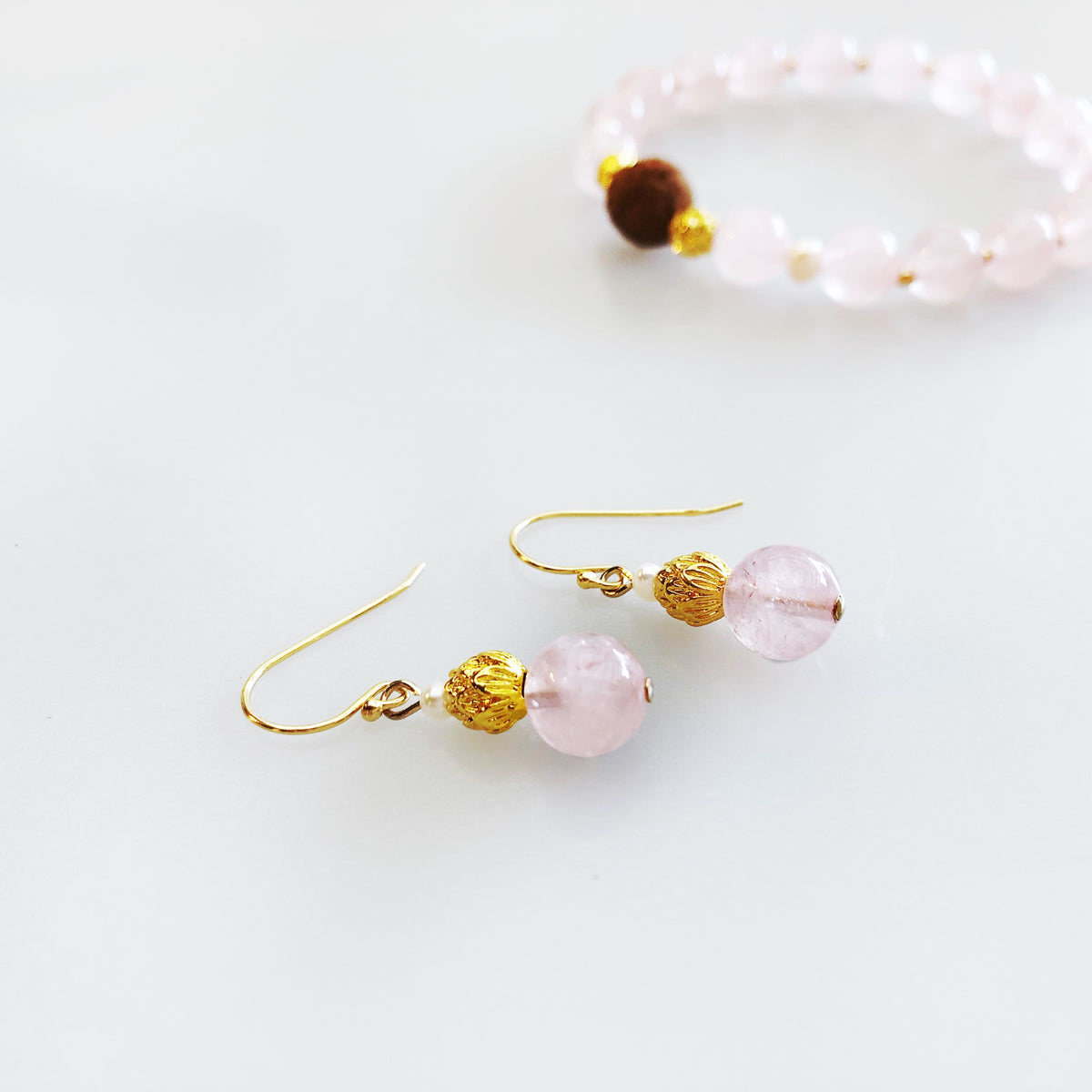 Gold Rose Quartz Lotus Earrings