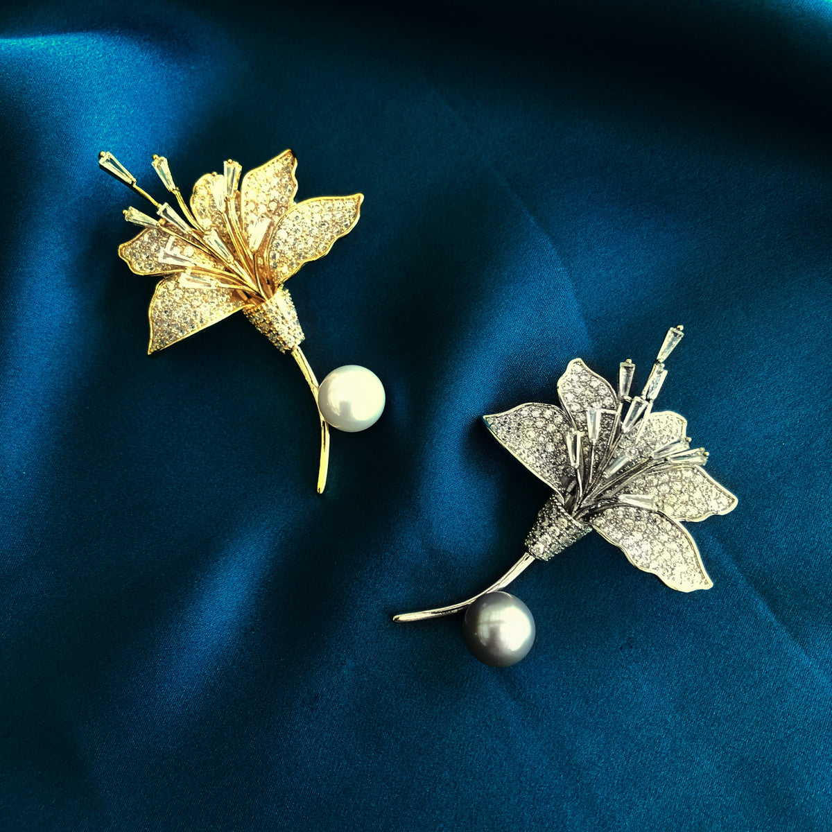 Silver Plated Lily Zircon Brooch Pendant
